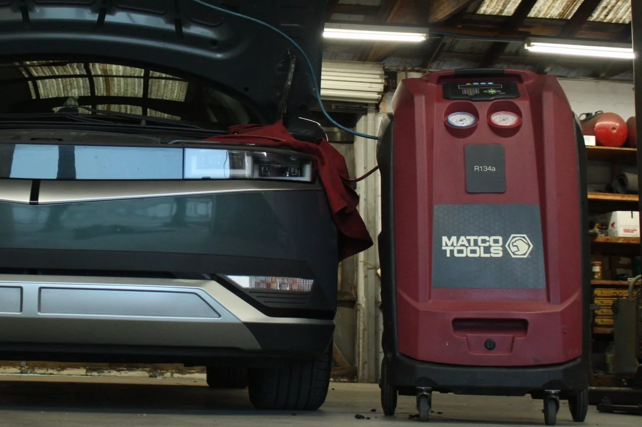An electric vehicle getting the air conditioning system serviced