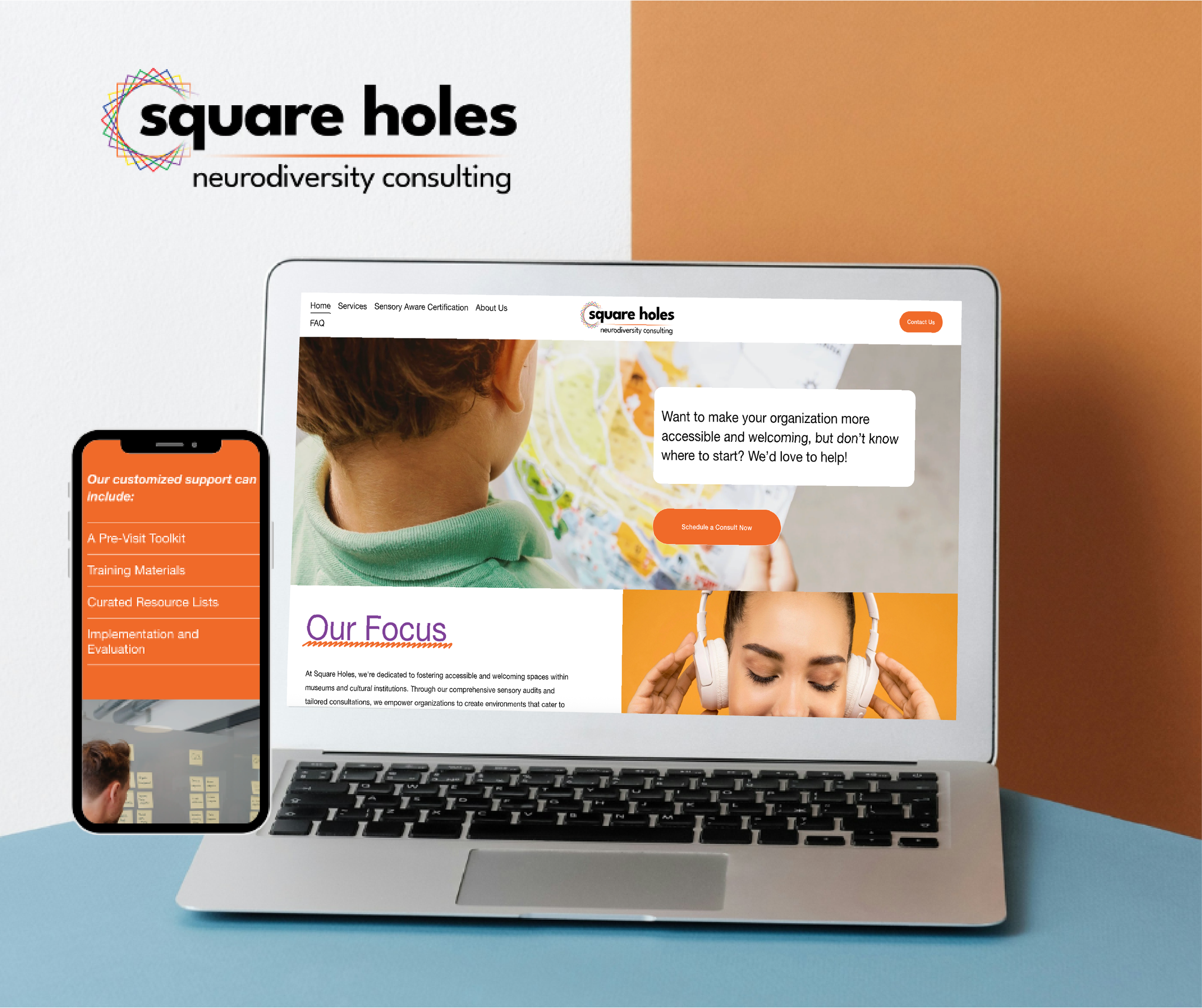 Portfolio project for Square Holes - Image is a laptop and phone with the Square Holes website.