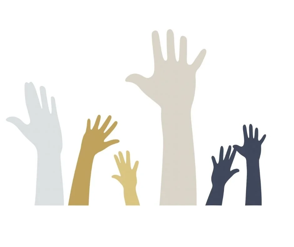 Multiple illustrated hands raised in various sizes and colors against a white background.