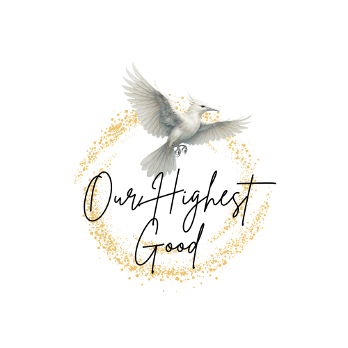 An illustration with the words 'Our Highest Good' in cursive, featuring a white caladrius dove with wings spread flying over it.