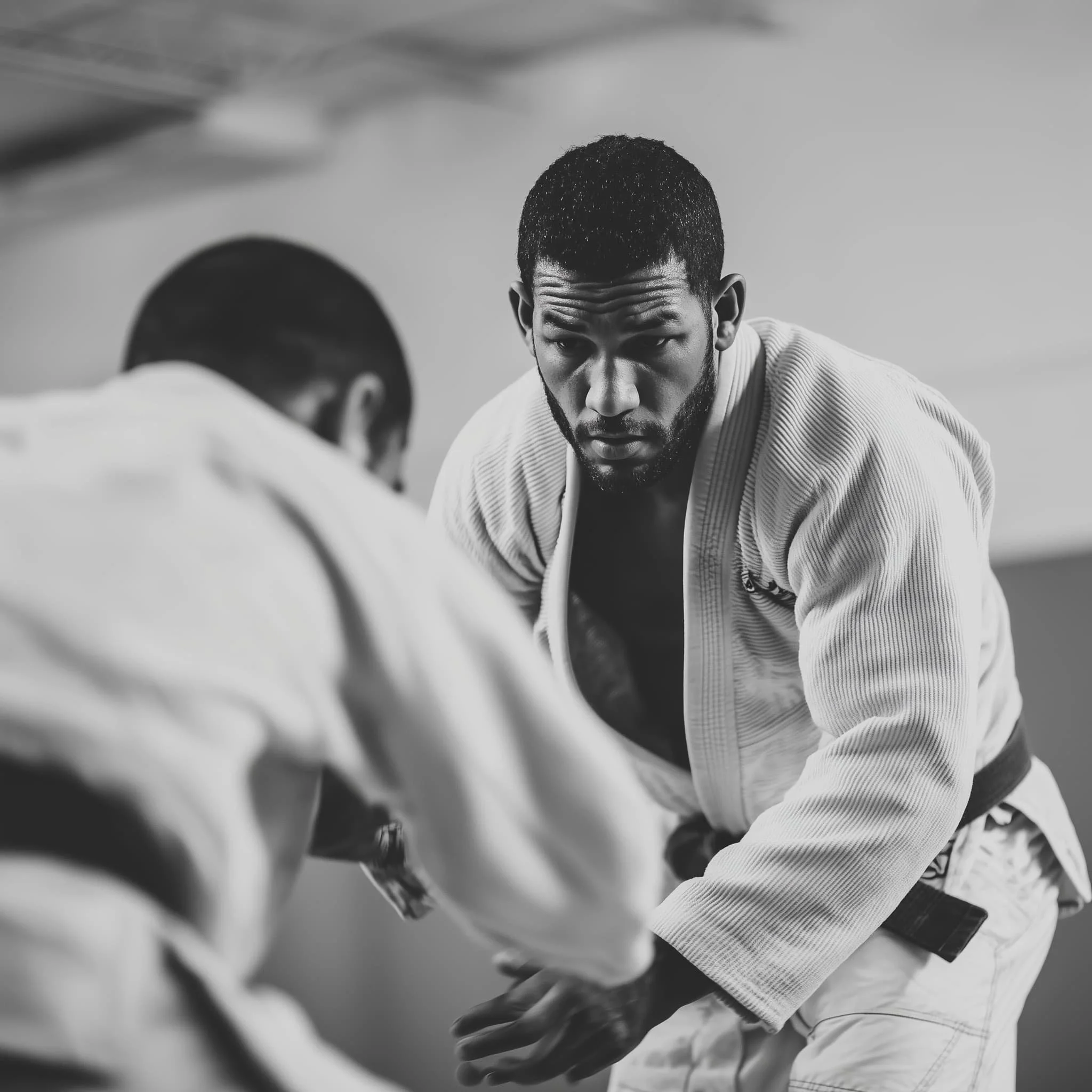 Sparring match between two jiu jitsu practitioners.