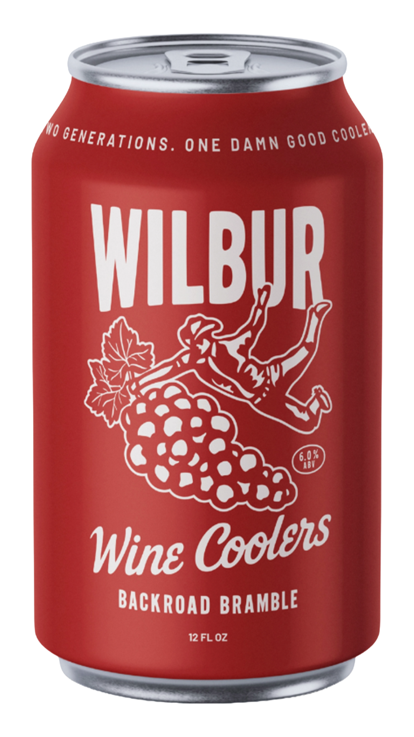 A red can of Wilbur Wine Coolers with a white illustration of a cowboy riding a grape cluster, text reading 'Wilbur,' 'Wine Coolers,' and 'Backroad Bramble,' and text indicating 5.6%% alcohol, 12 fluid ounces.