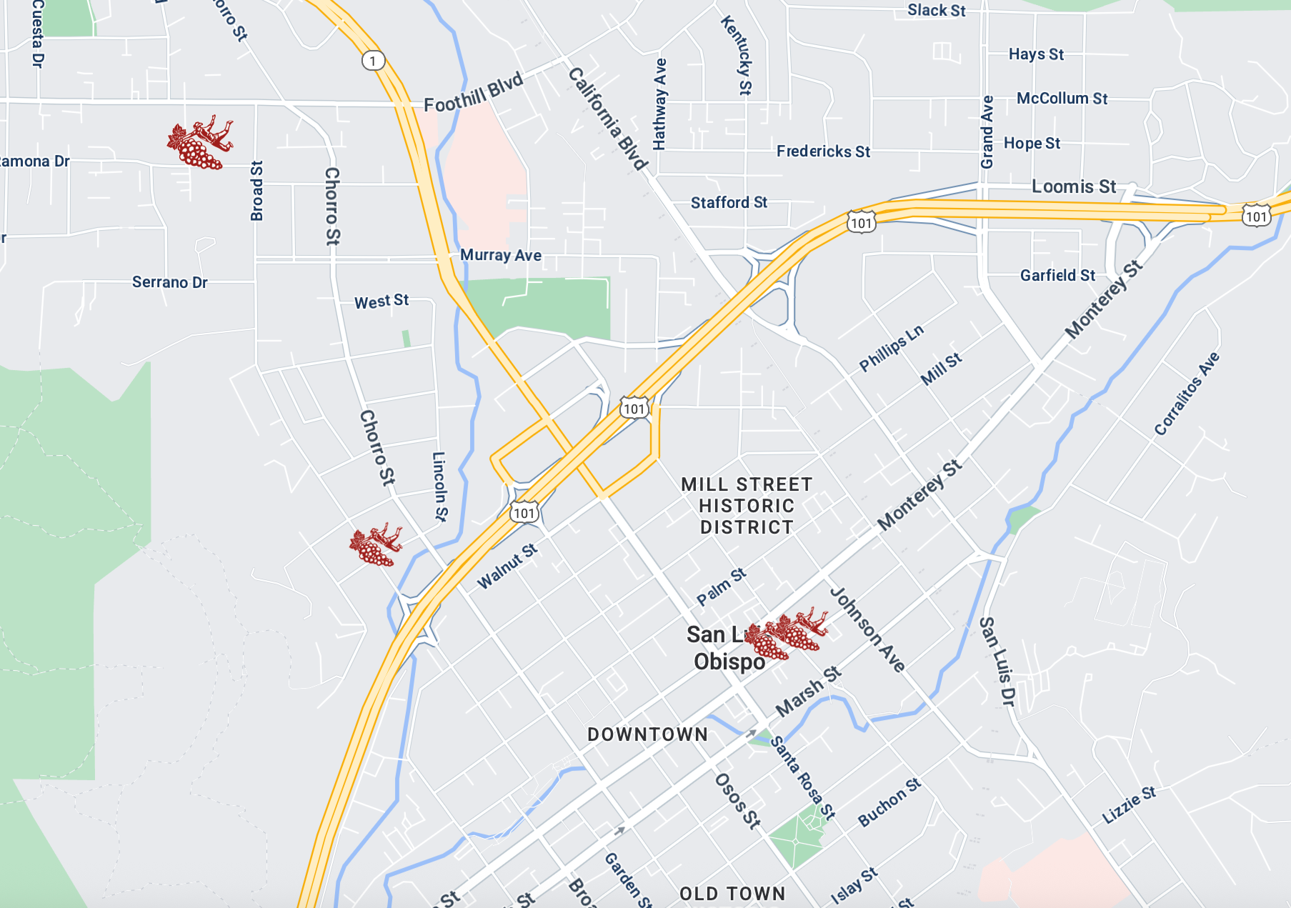 Map of San Luis Obispo, California, showing downtown area, historic district, and locations marked with red pin icons.
