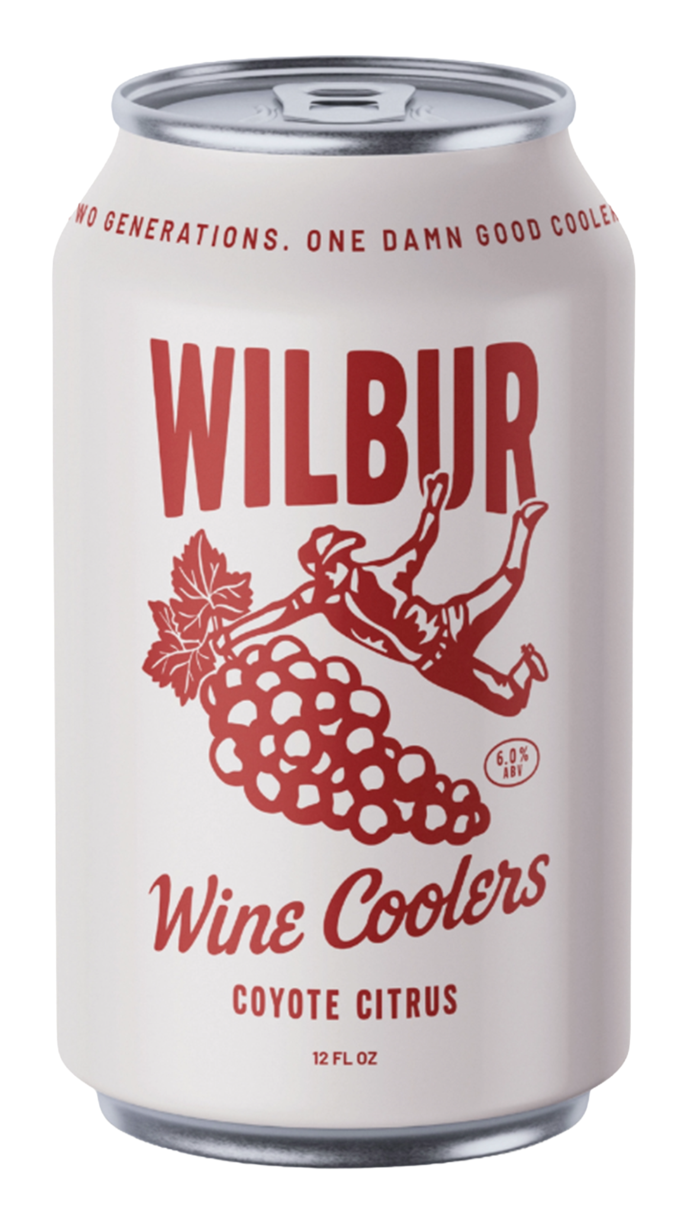A white can of Wilbur Wine Coolers with a red illustration of a cowboy riding a grape cluster, text reading 'Wilbur,' 'Wine Coolers,' and 'Coyote Citrus,' and text indicating 5.6%% alcohol, 12 fluid ounces.