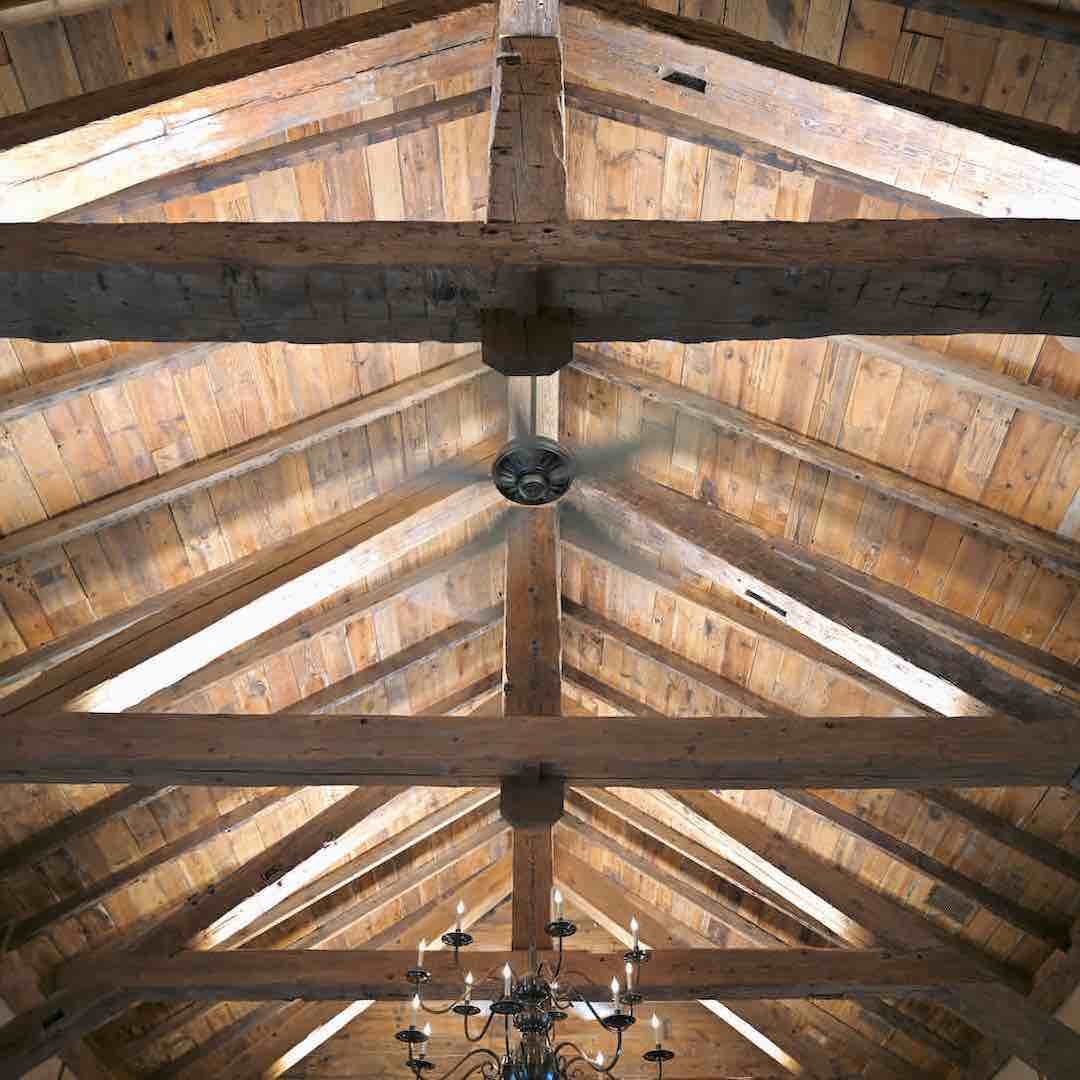 Thumbnail of client installation with antique reclaimed hand-hewn timbers on a rustic wood ceiling, featuring mortise pockets and natural patina.