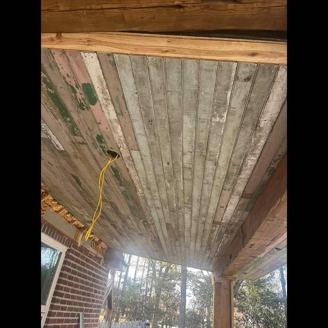 Thumbnail of installed antique reclaimed bead board ceiling showing aged chipped paint and weathered character.