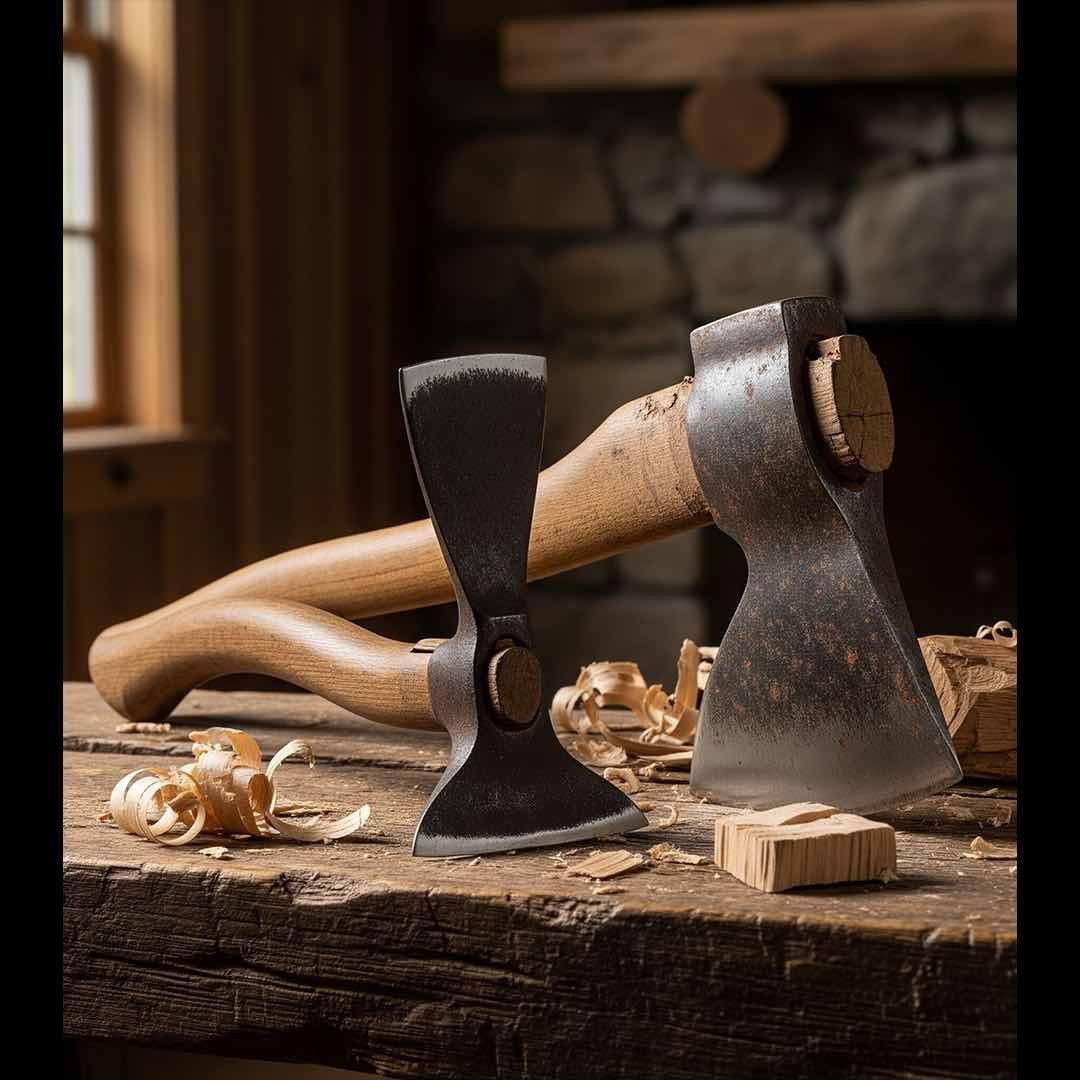 AI-generated illustration of traditional woodworking tools—an adze and broad axe—on a rustic workbench, representing historic timber framing and hand-hewn craftsmanship.