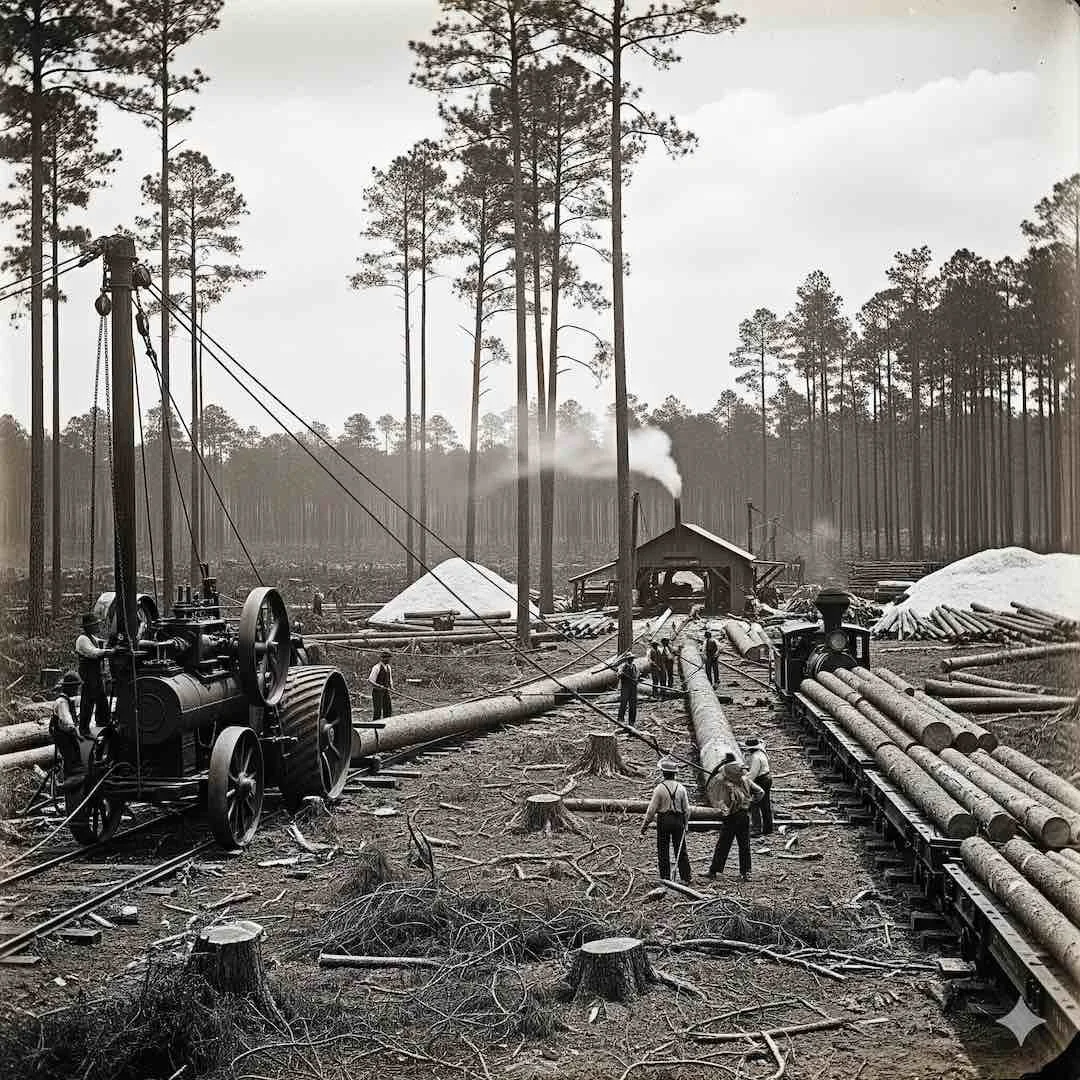 AI-generated illustration of historic logging operation showing workers and steam-powered equipment harvesting industrial timbers.