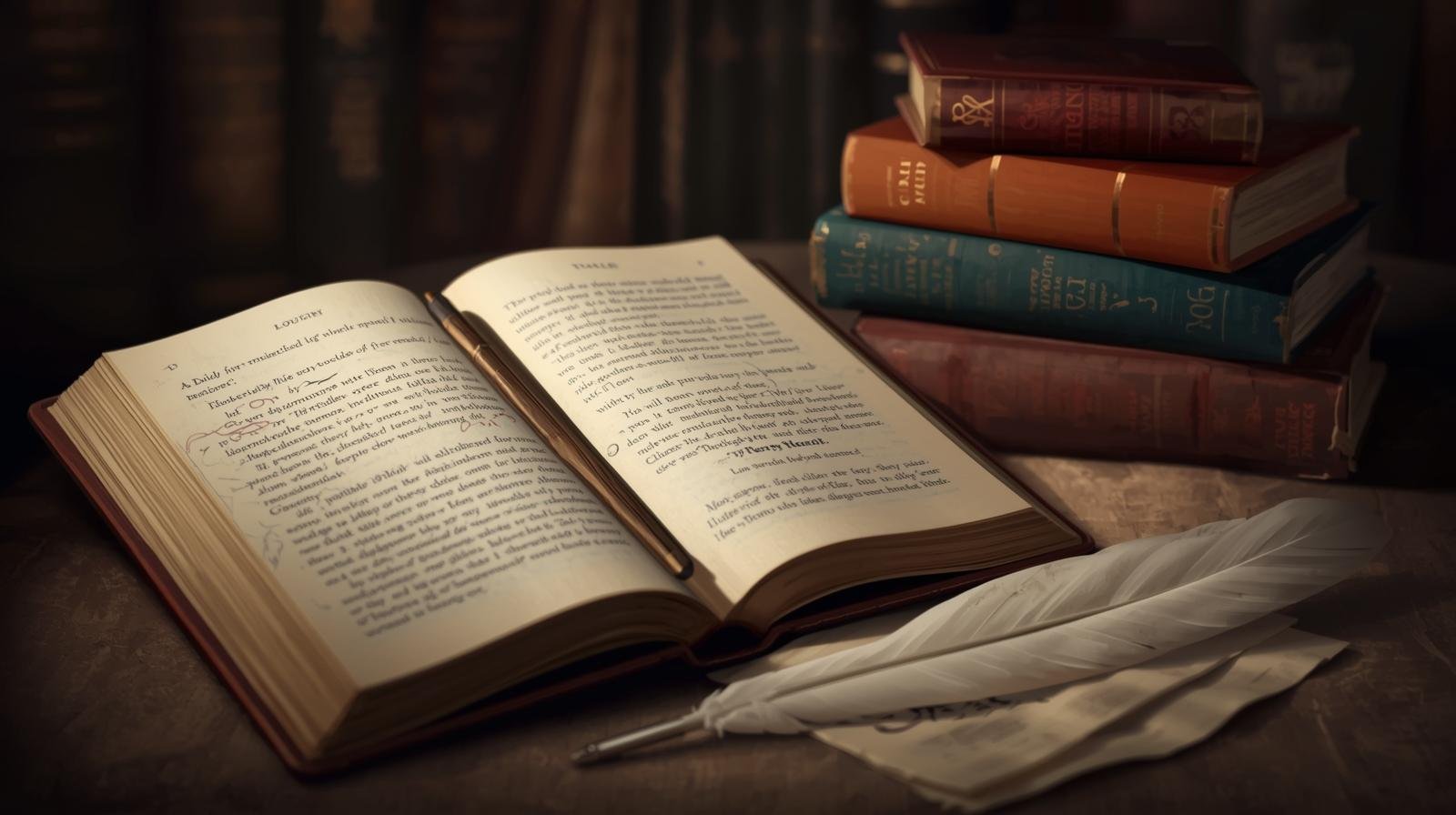 An open book with a pen resting on it, placed on a table. Behind it, a stack of closed books and a feather quill on a piece of paper.