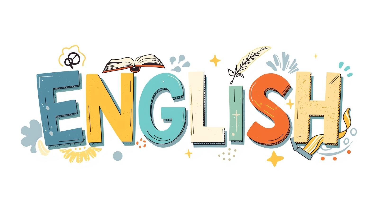 Colorful illustrated word "ENGLISH" with doodles including a book, feather, and stars on a white background.