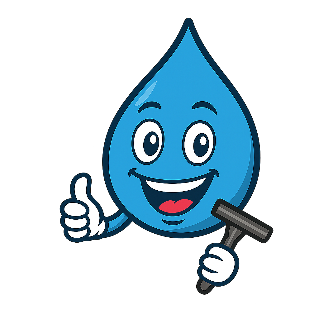 A cheerful cartoon water droplet character holding a squeegee and giving a thumbs up.