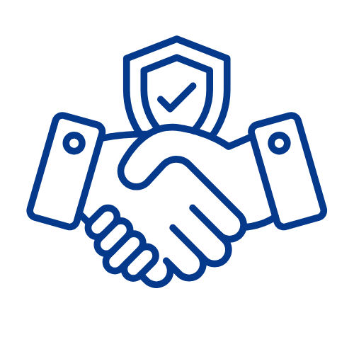 Illustration of a handshake with a shield and checkmark symbol representing security or agreement.