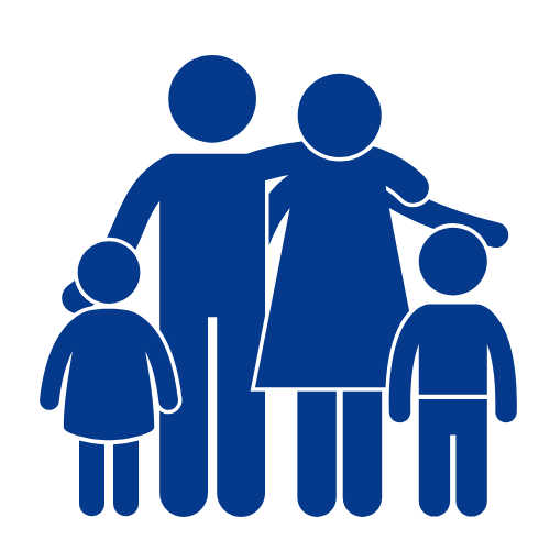 Illustration of a family of four, with two adults and two children, standing together.