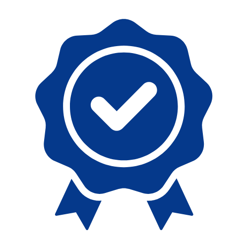 Blue badge with check mark and ribbons indicating certification or approval.