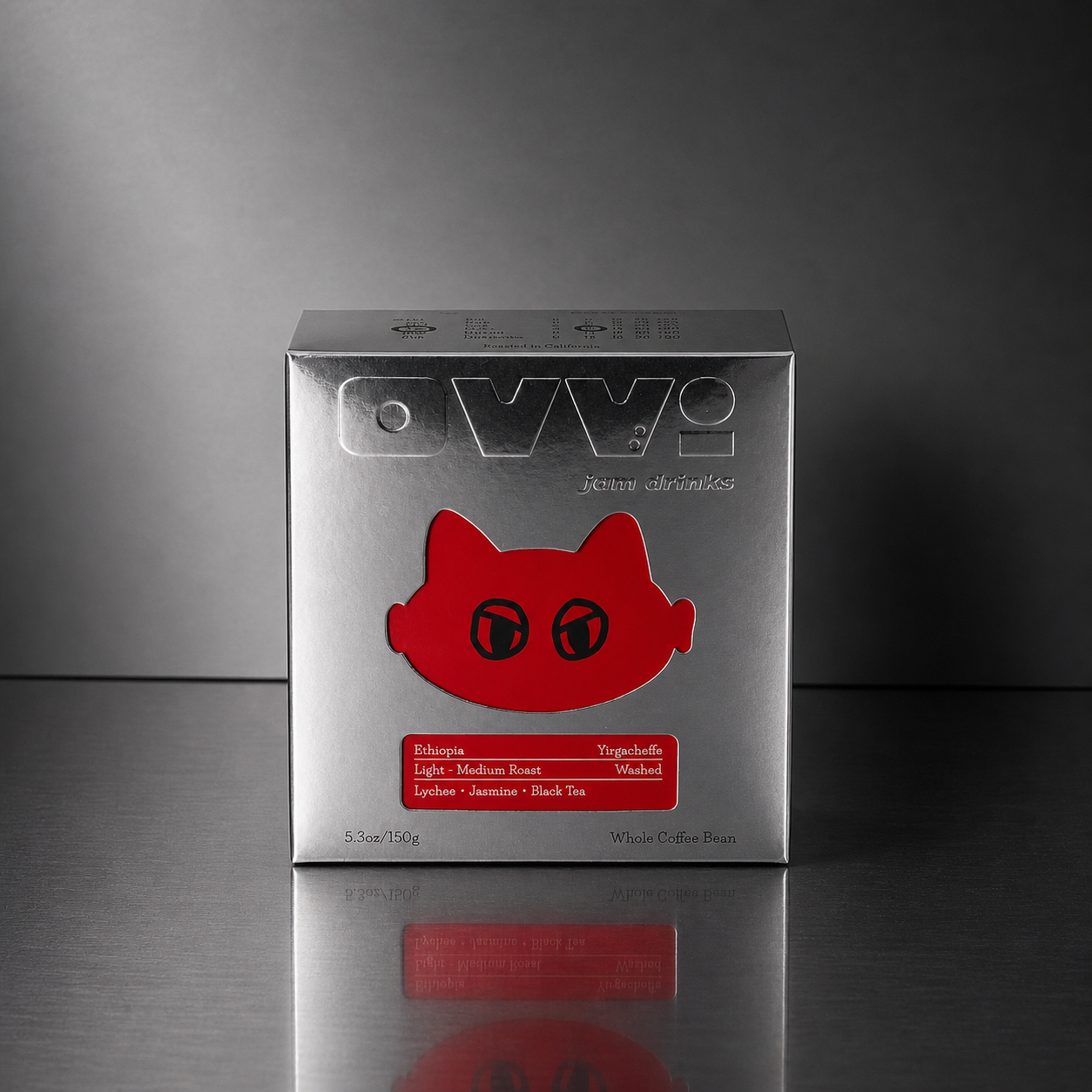 Ethiopia Yirgacheffe whole bean coffee in OVVI silver box with red label, washed light medium roast floral coffee