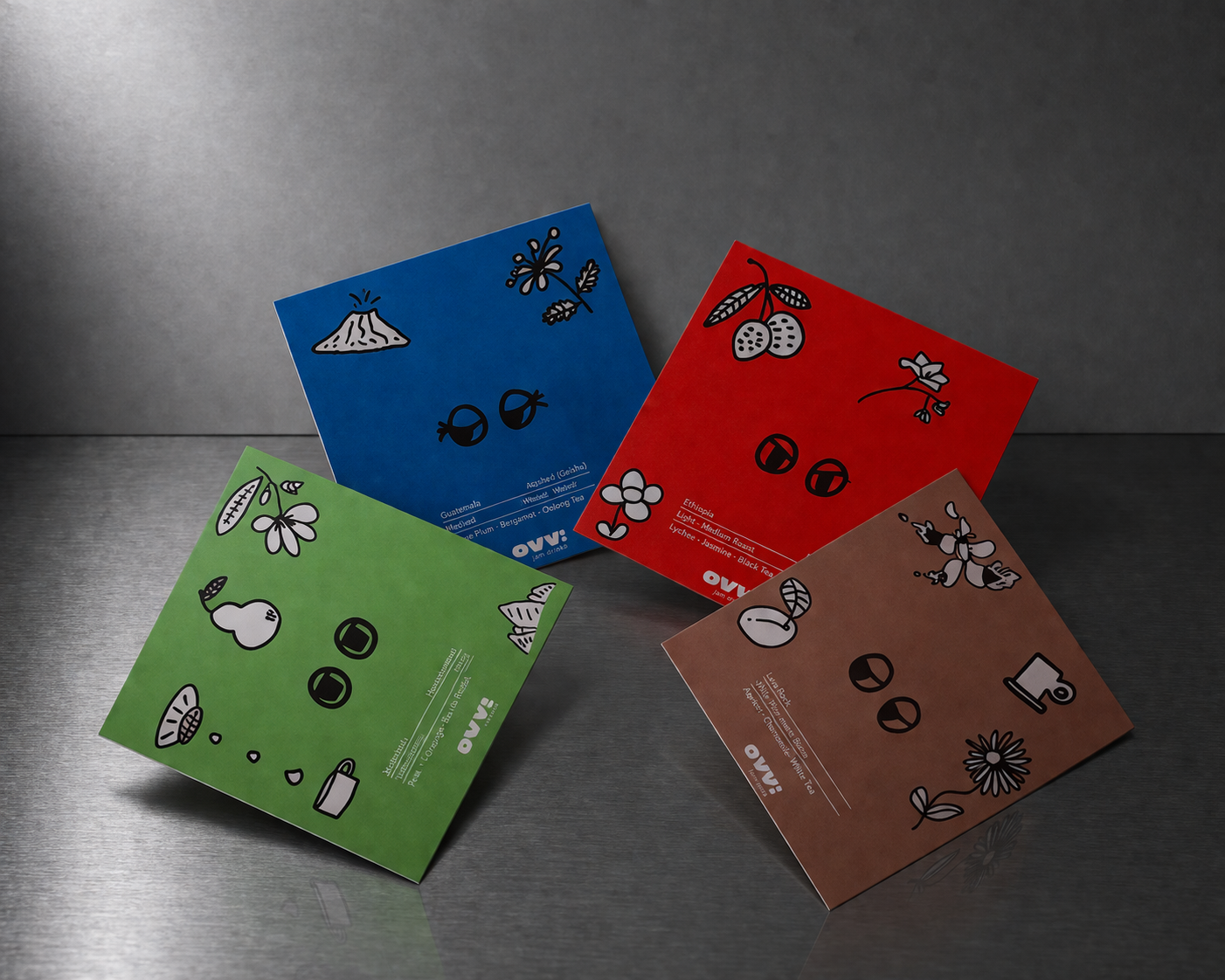 OVVI coffee collection Yirgacheffe Geisha Huehuetenango red blue green boxes lineup