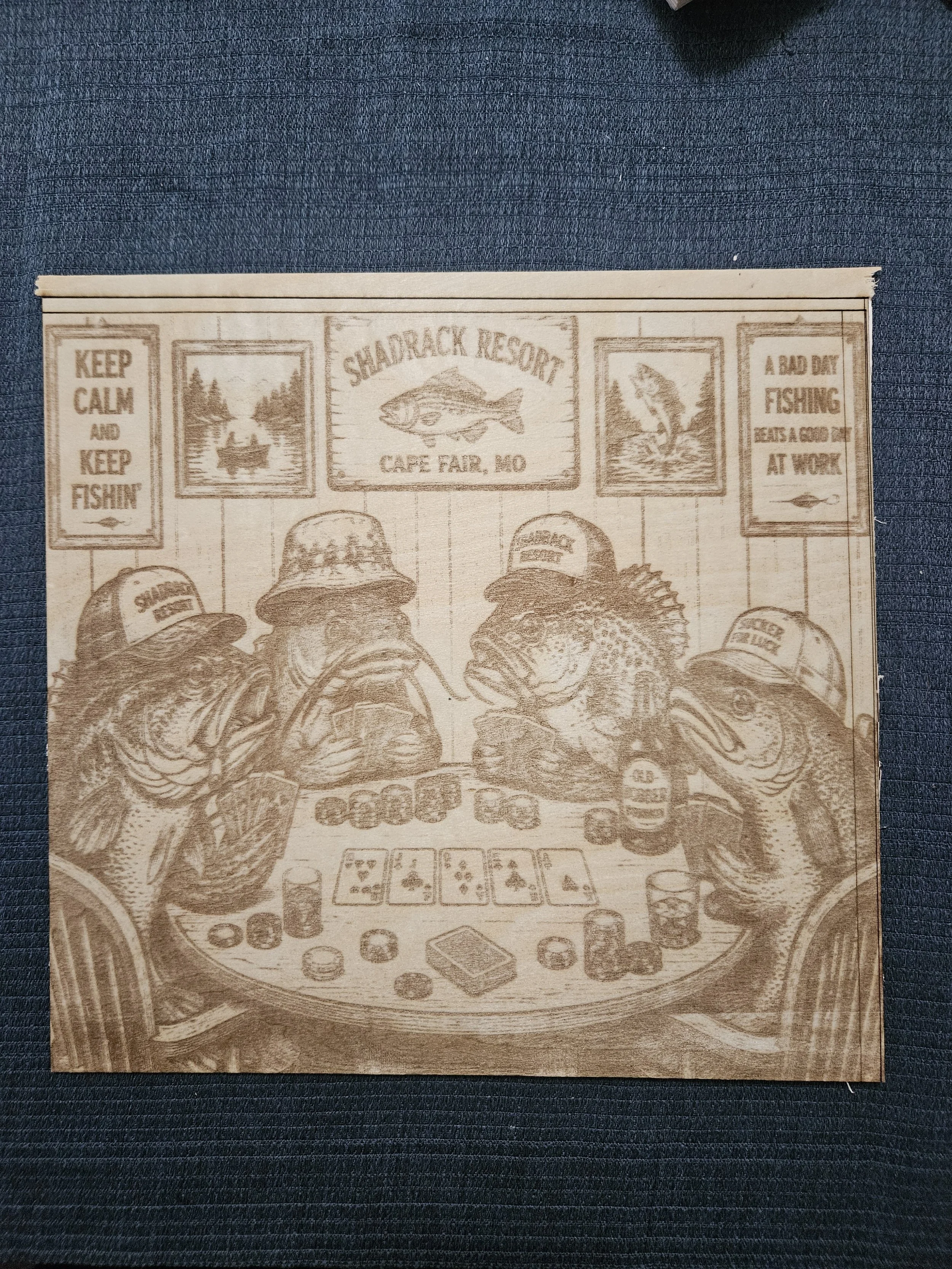 Fish Playing Poker – 12" x 12" Laser Engraved Wooden Wall Art