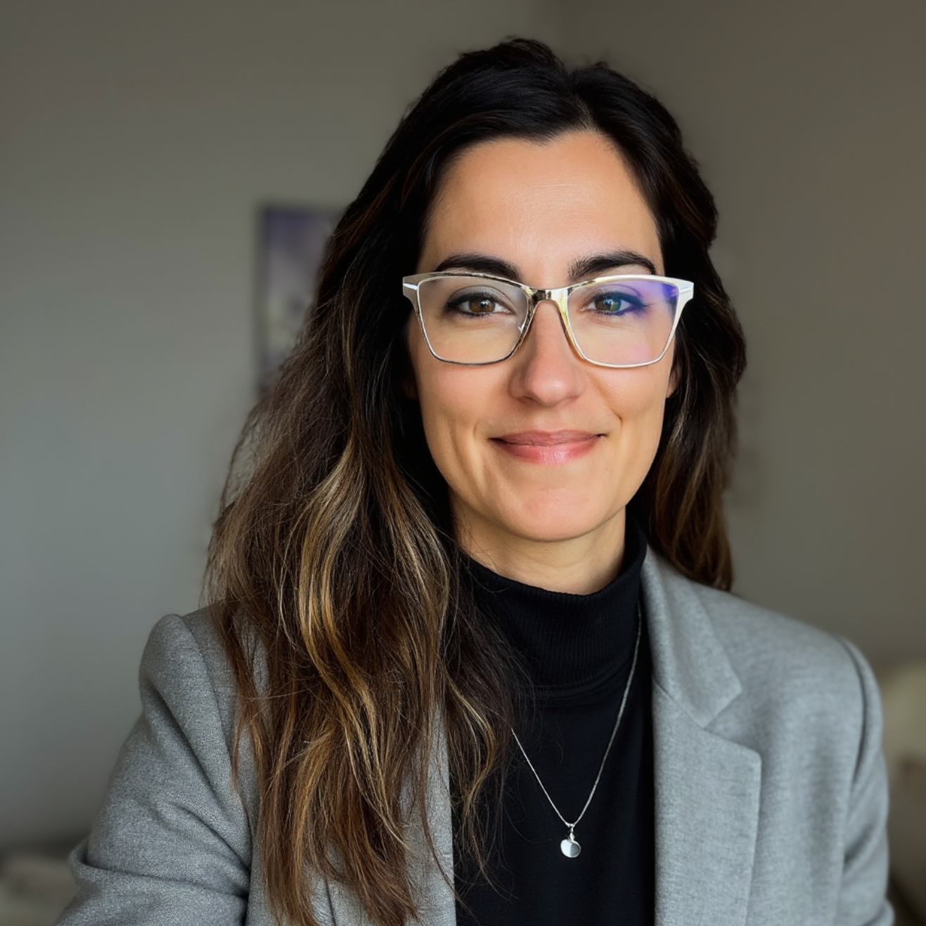 A woman with long, wavy brown hair, wearing glasses, a gray blazer, and a black turtleneck, smiling indoors.