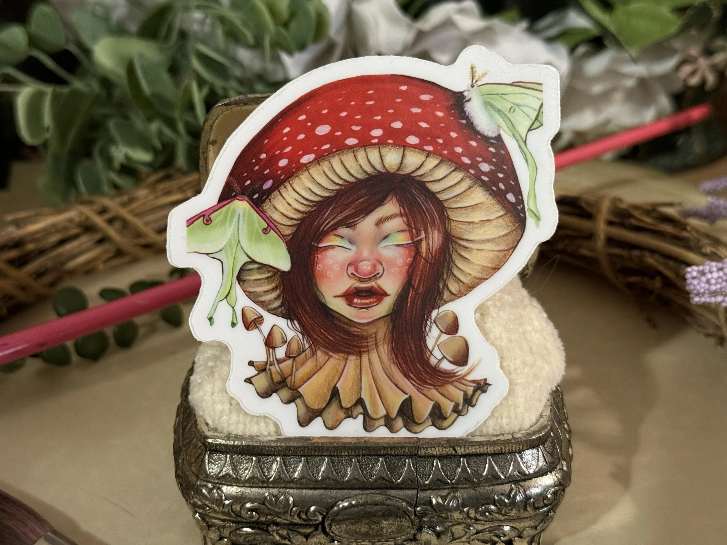 Mushroom Girl Sticker - Amanita sticker- Cottagecore sticker - 3 inches - luna moth Matte Vinyl Sticker