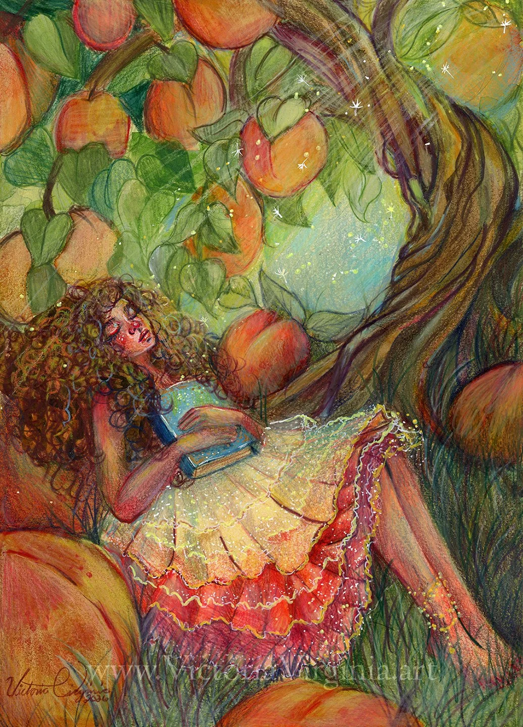 Under the Apricot Tree - Watercolor and coloring pencil on Hot press 100% cotton paper
