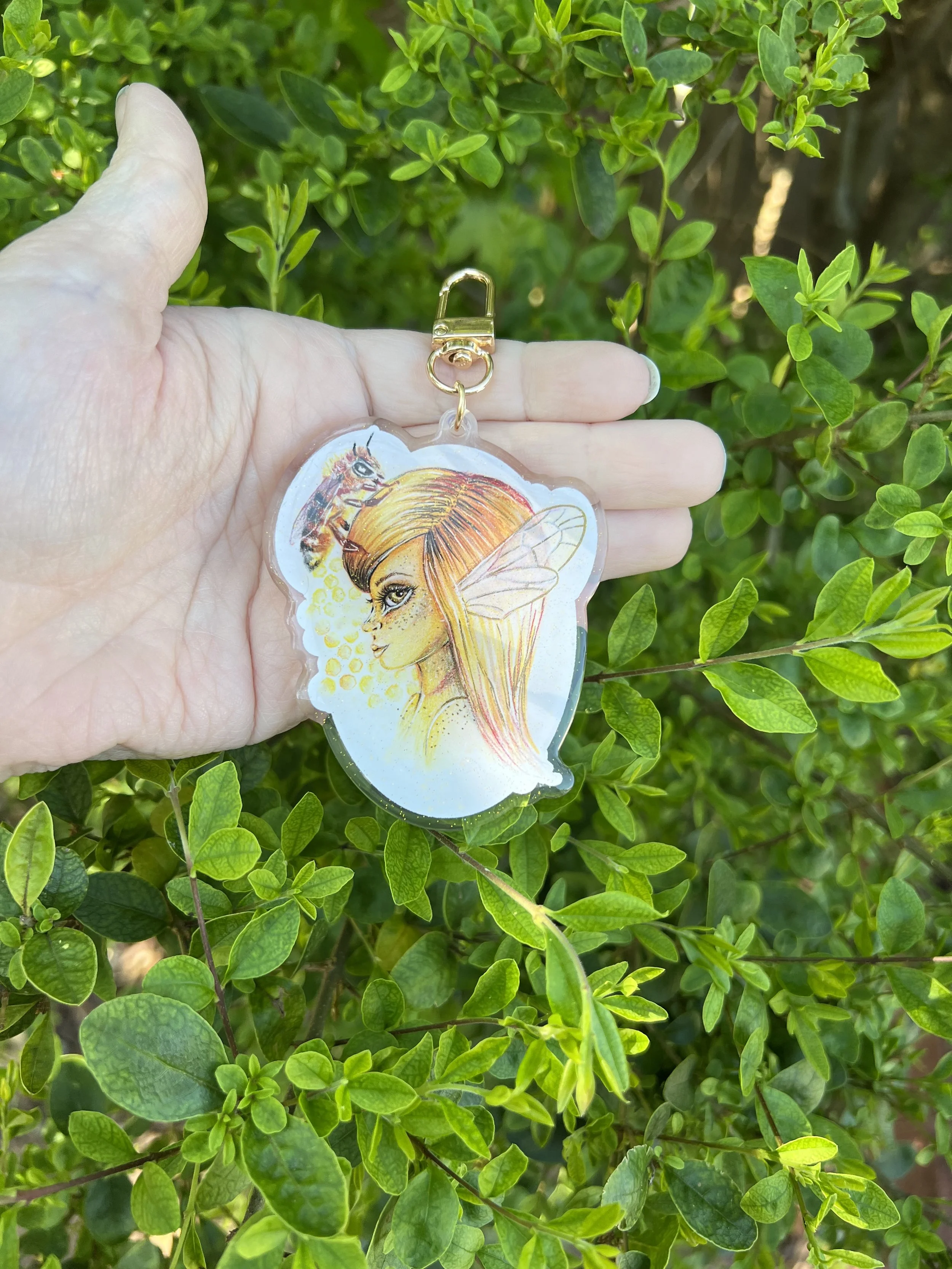 Bee Girl Glitter Epoxy Keychain with Gold Clasp