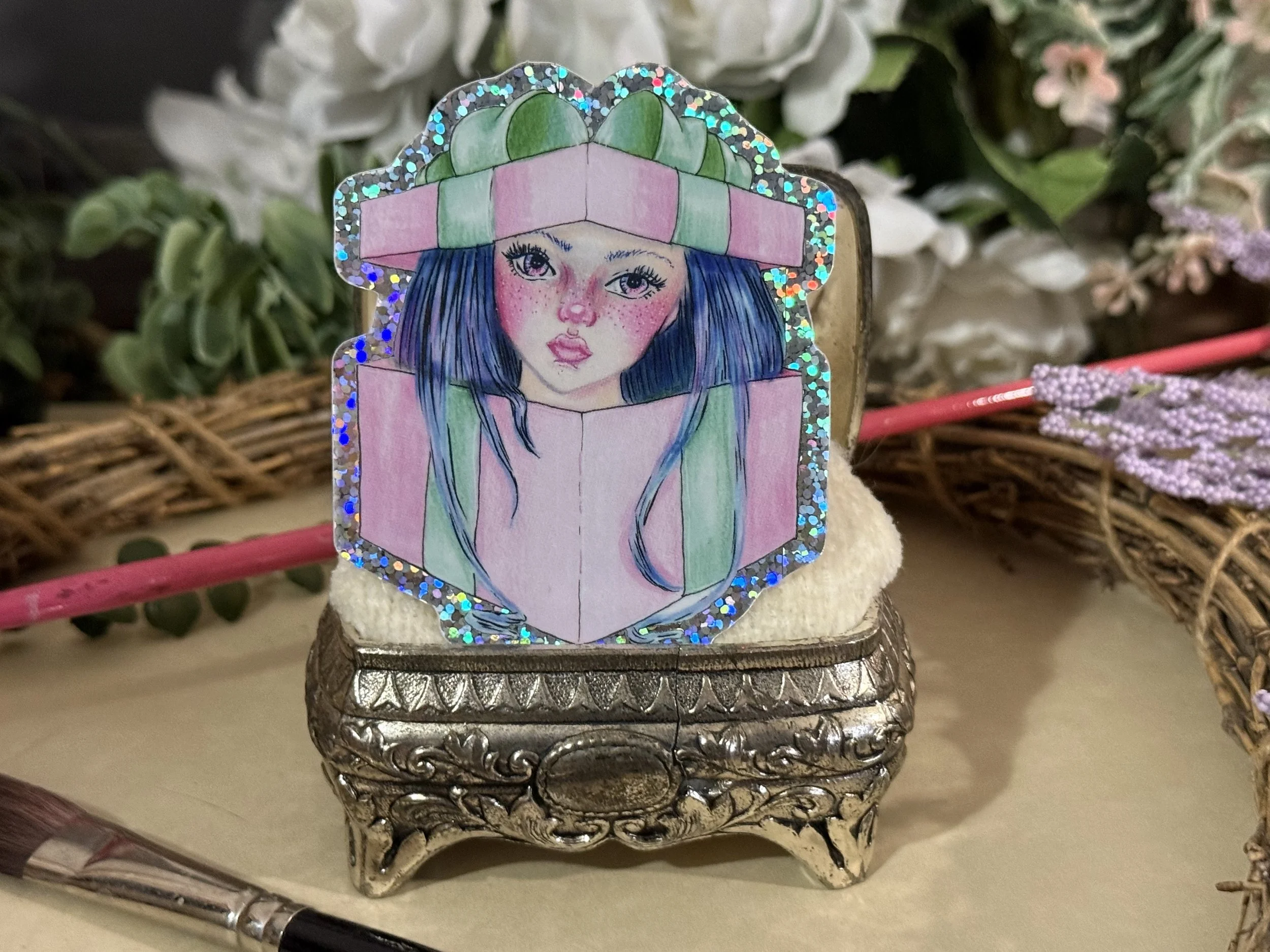sweet girl in a gift box glitter sticker