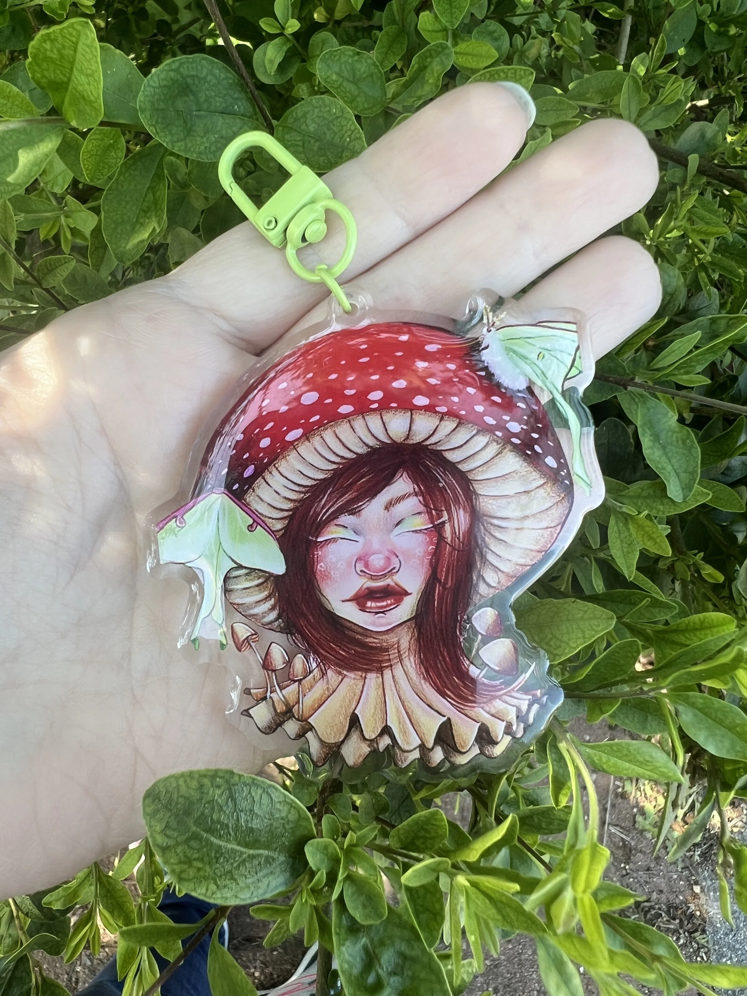 Enchanted Mushroom Girl Keychain with Luna Moths
