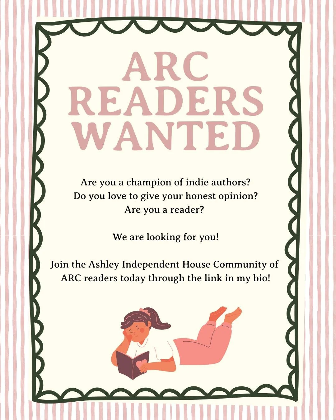 We're looking for ARC readers!📖👓 Join our team today and get access to our community, be the first to hear about new releases, and more.

Sign-up today with the link in  our bio! 🔗

#AshleyIndependentCommunity
#ARCreaders #AshleyIndependentHouse #