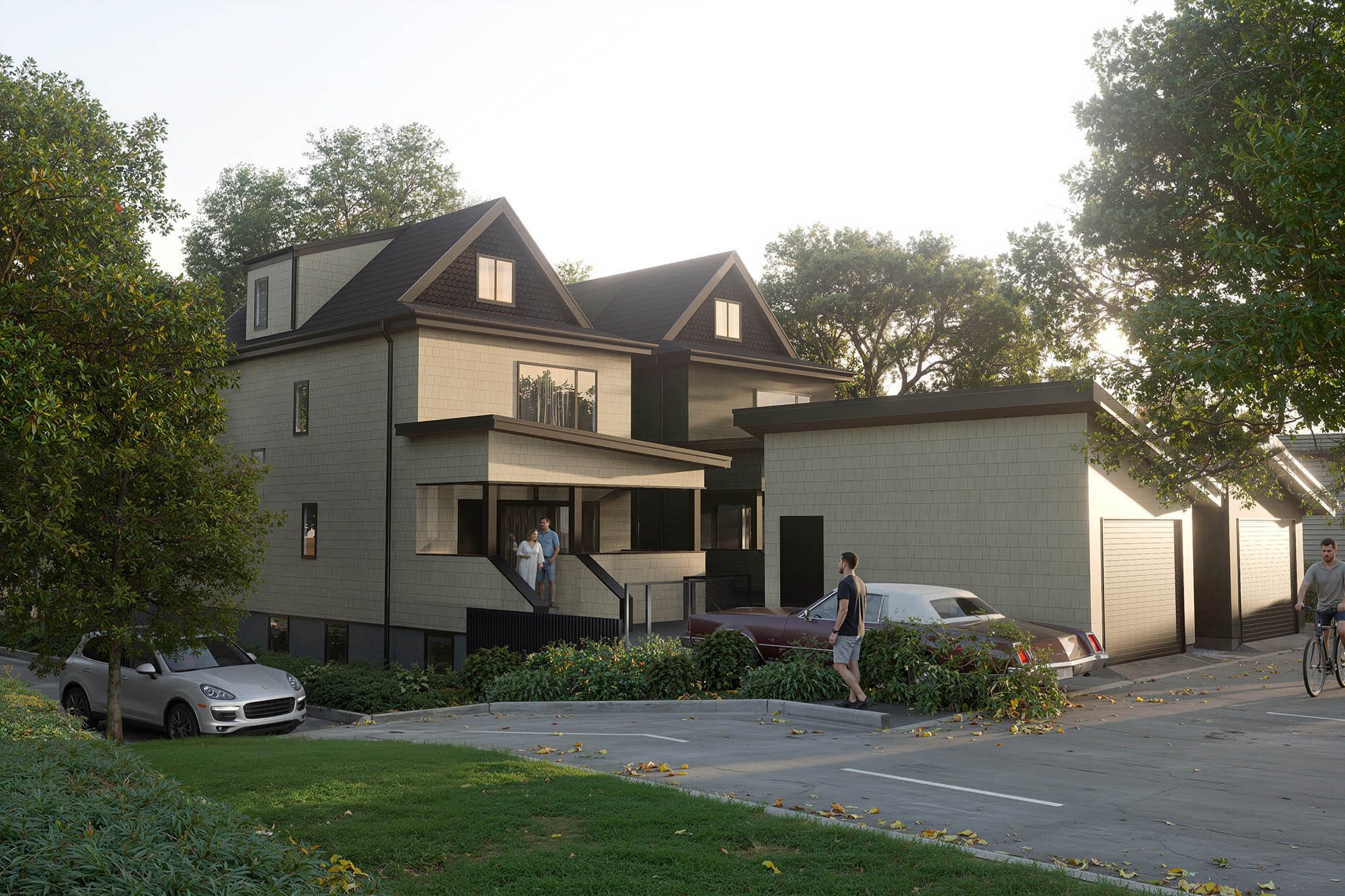 Modern multi-story house with a concrete and black exterior, surrounded by trees and parked cars, with people walking and cycling nearby.