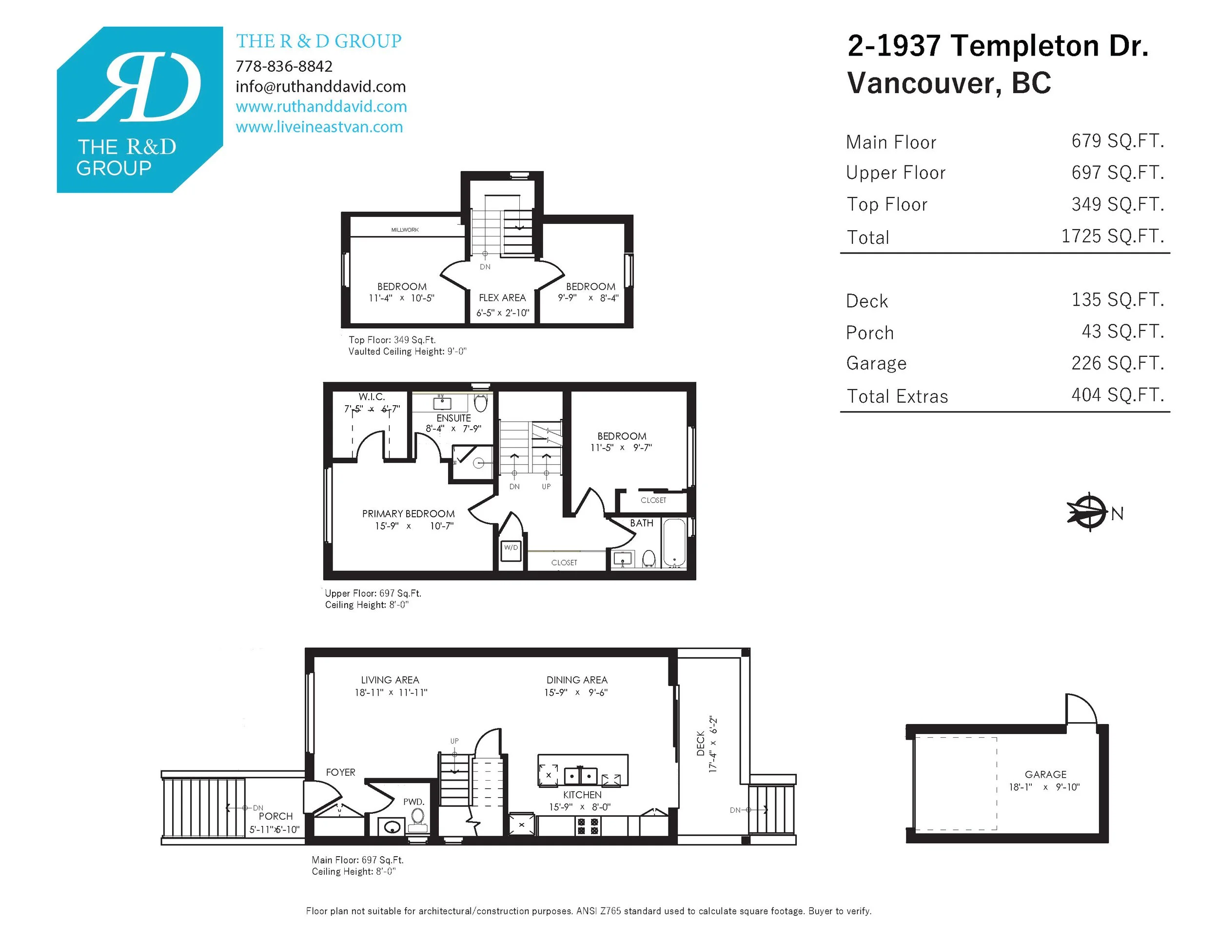 Floor plan of a multi-level home with rooms labeled, including living room, dining area, kitchen, porches, garage, bedrooms, bathrooms, walk-in closet, and stairs.