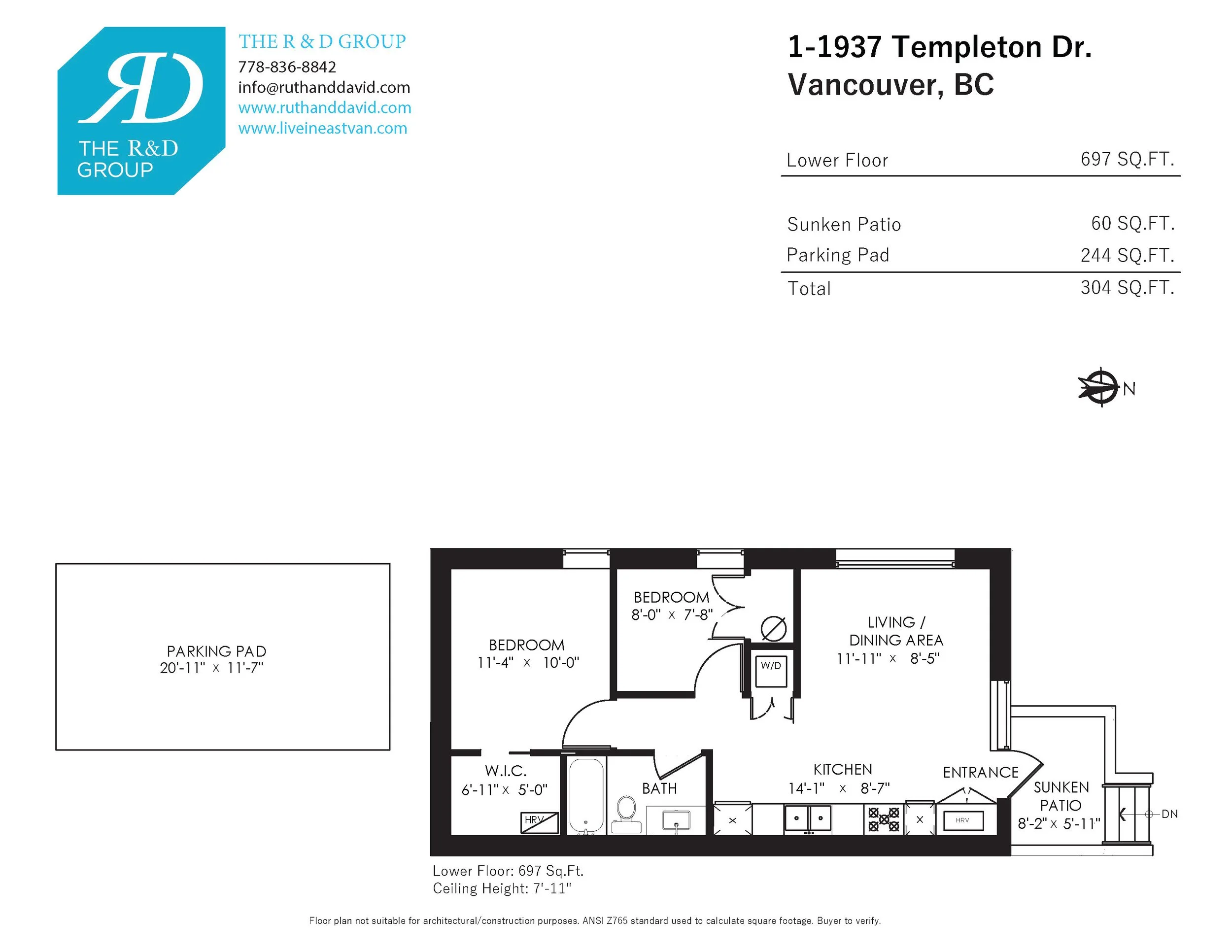 Floor plan of a lower level apartment with two bedrooms, bathroom, kitchen, living/dining area, and multiple patios. Also includes parking pad, measurements, and labels.