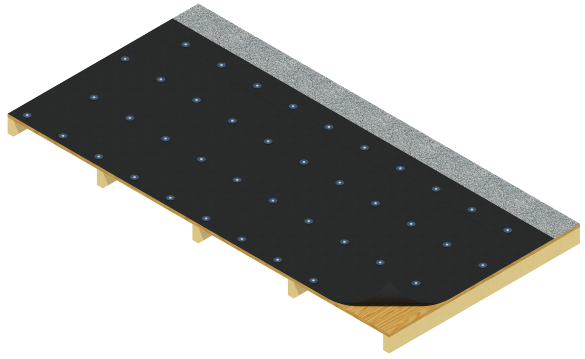 Base sheet and roofing membrane fastening pattern to wood deck