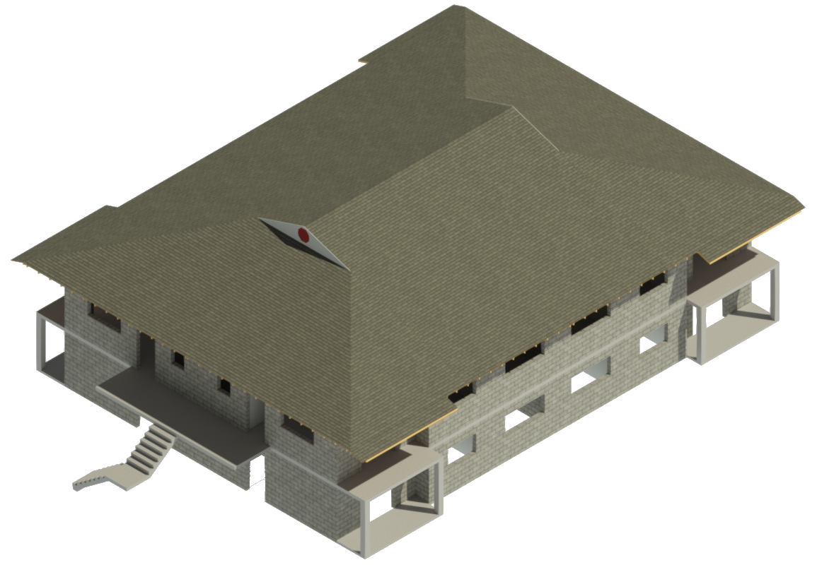 Pitched hip roof building