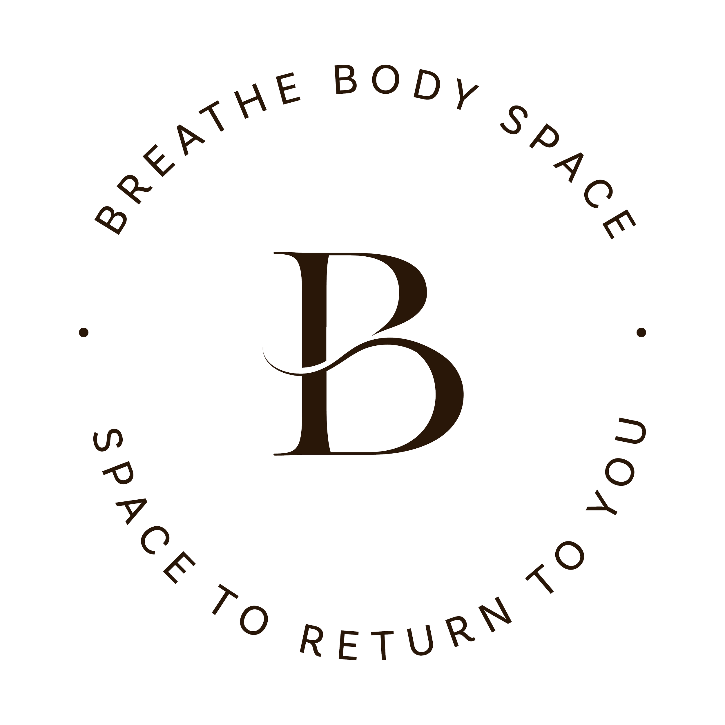 Logo with a circular design featuring the text 'BREATHE THE BODY SPACE' at the top and 'SPACE TO RETURN TO YOU' at the bottom, with a large stylized letter B in the center.