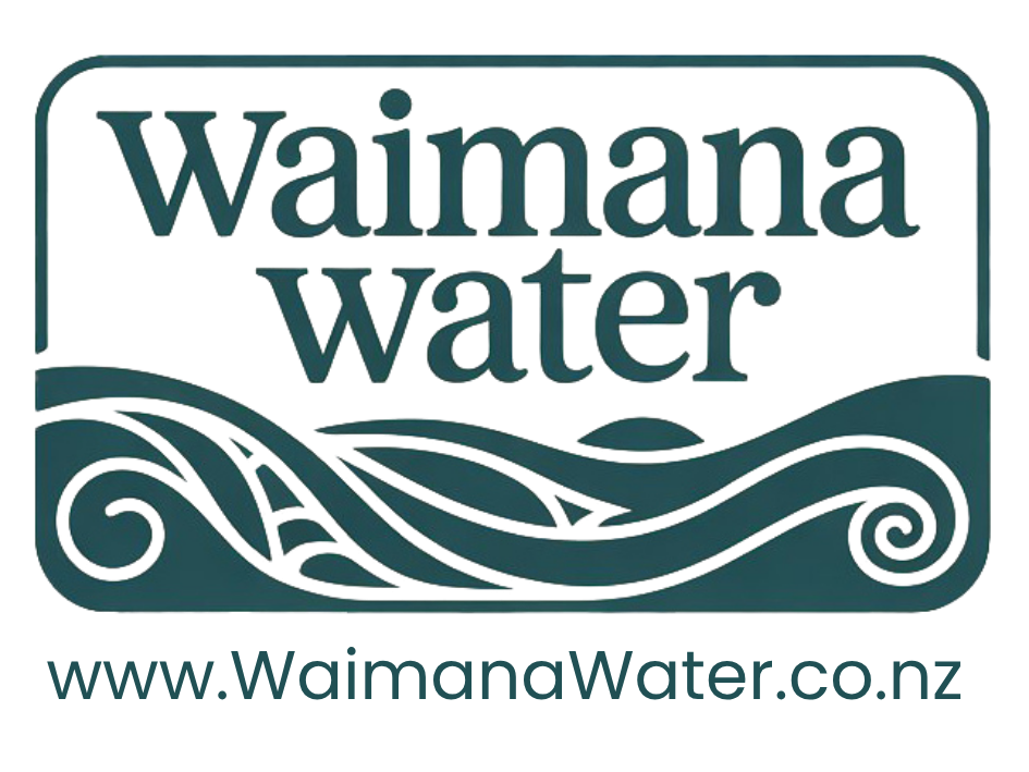 Organic looking teal coloured Waimana Water logo.