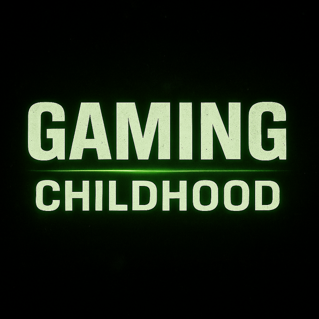 Neon sign with green glowing text that reads 'GAMING CHILDHOOD' against a dark background.