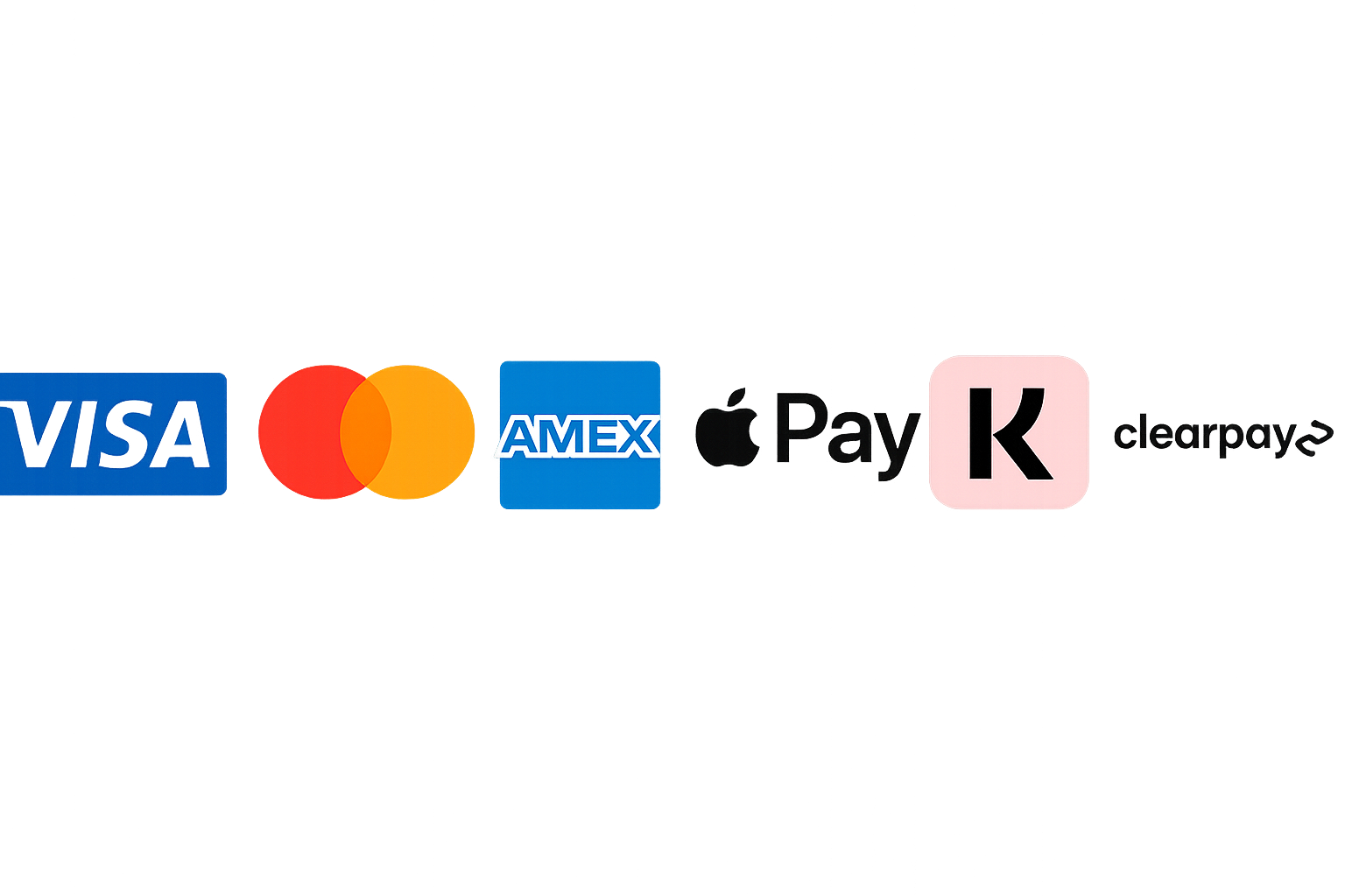 A collection of digital payment service logos, including Visa, Mastercard, American Express, Apple Pay, PayK, and Clearpay.