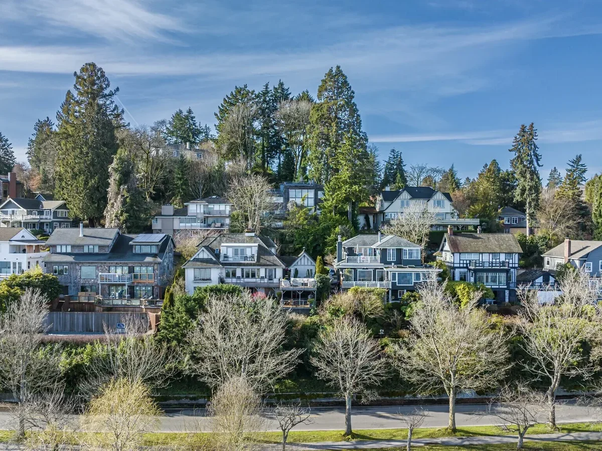 Houses on a hillside with a row of leafless trees in the foreground, under a blue sky with wispy clouds.