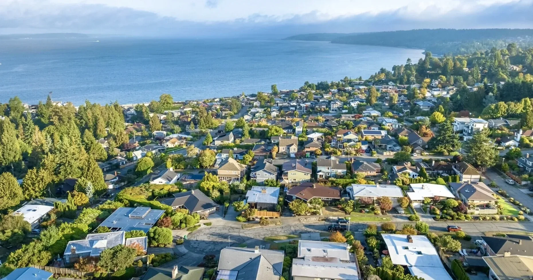 Aerial view of a residential neighborhood near a large body of water with trees, houses, and streets.