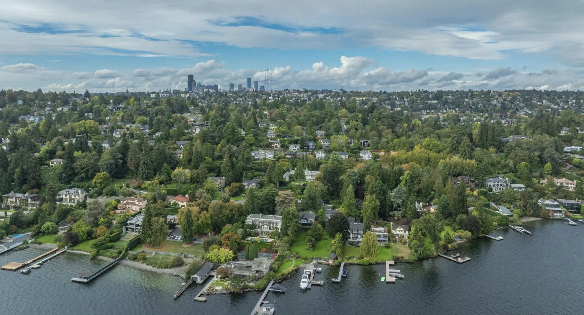 Aerial view of a lakeside residential neighborhood with numerous houses, docks, and boats along the waterfront, surrounded by lush green trees and a distant city skyline under a partly cloudy sky.