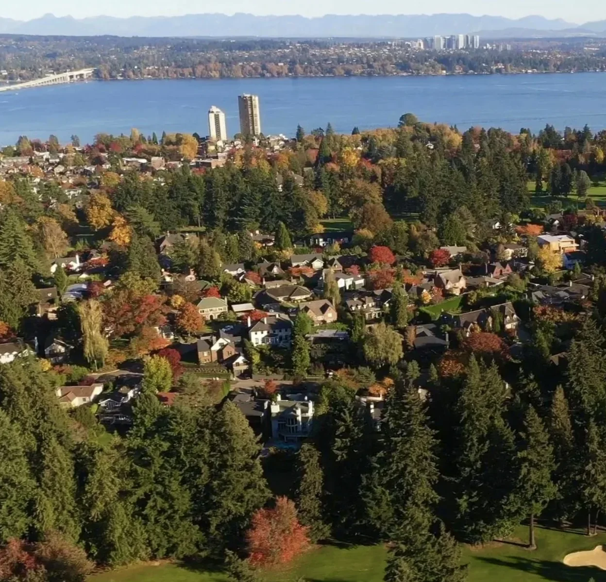 Aerial view of a suburban neighborhood with houses surrounded by trees displaying autumn colors, near a large lake with mountains in the background.