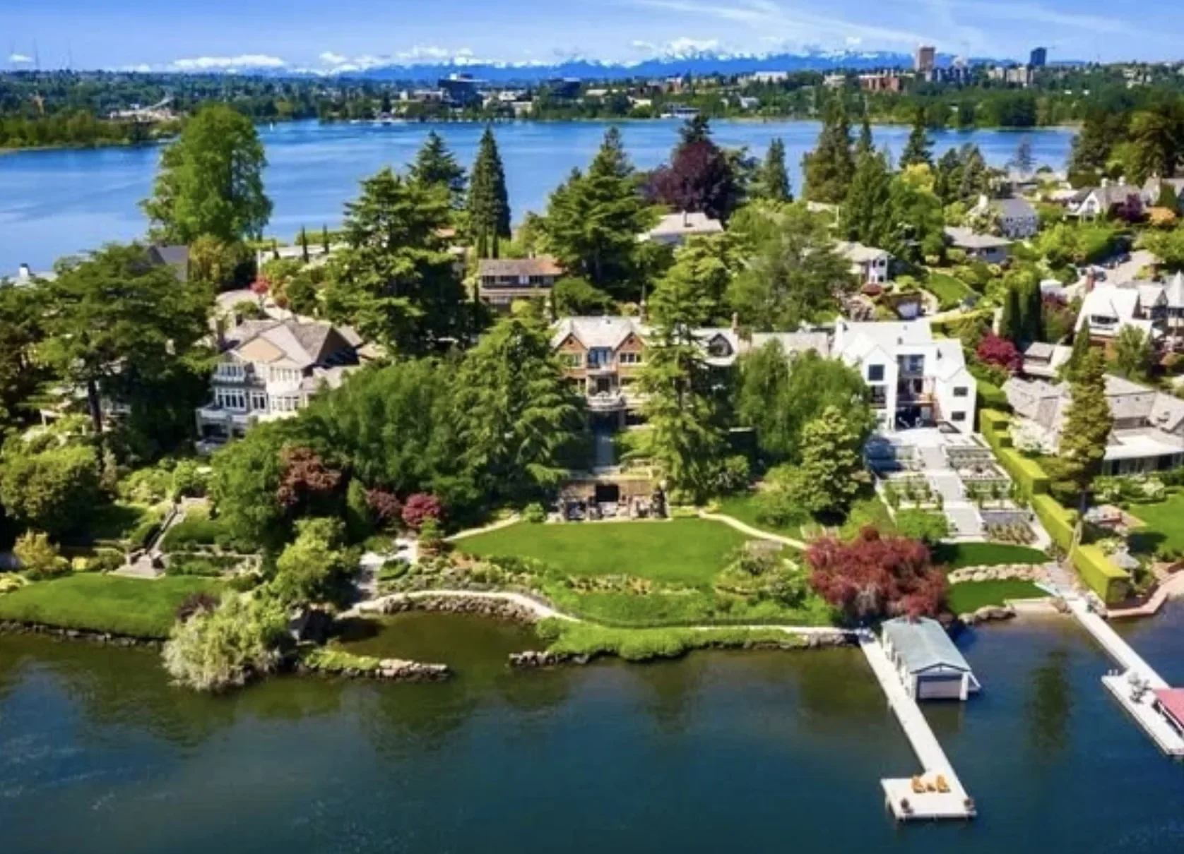 Aerial view of a lakeside residential neighborhood with several large houses, lush trees, green lawns, and two docks extending into the calm lake water, with a distant city skyline under a partly cloudy sky.