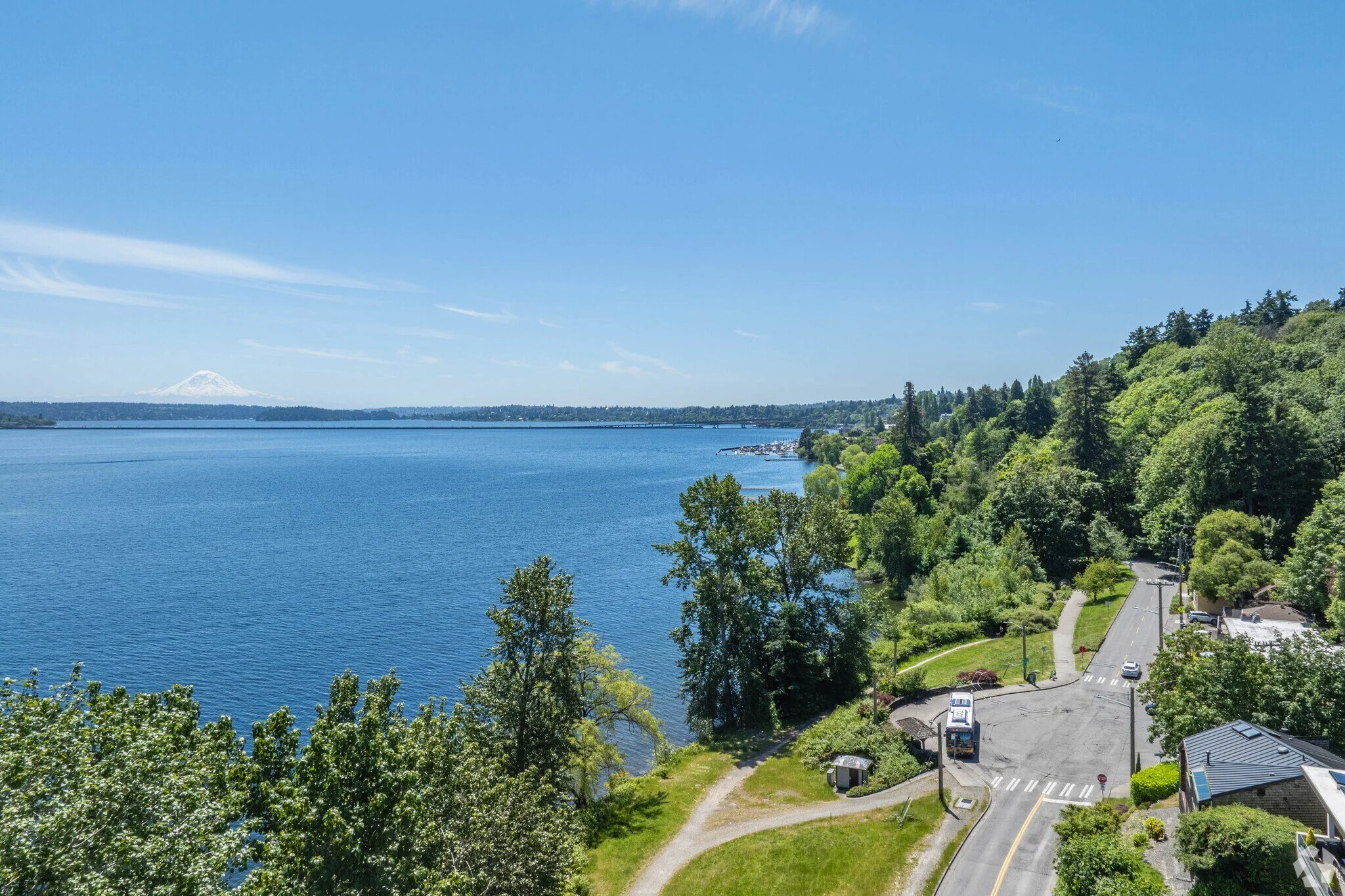 A scenic view of a large lake with clear blue water, surrounded by lush green trees and hills. A road with a few cars runs along the shoreline, and in the distance, a snow-capped mountain peaks above the horizon on a bright, sunny day.