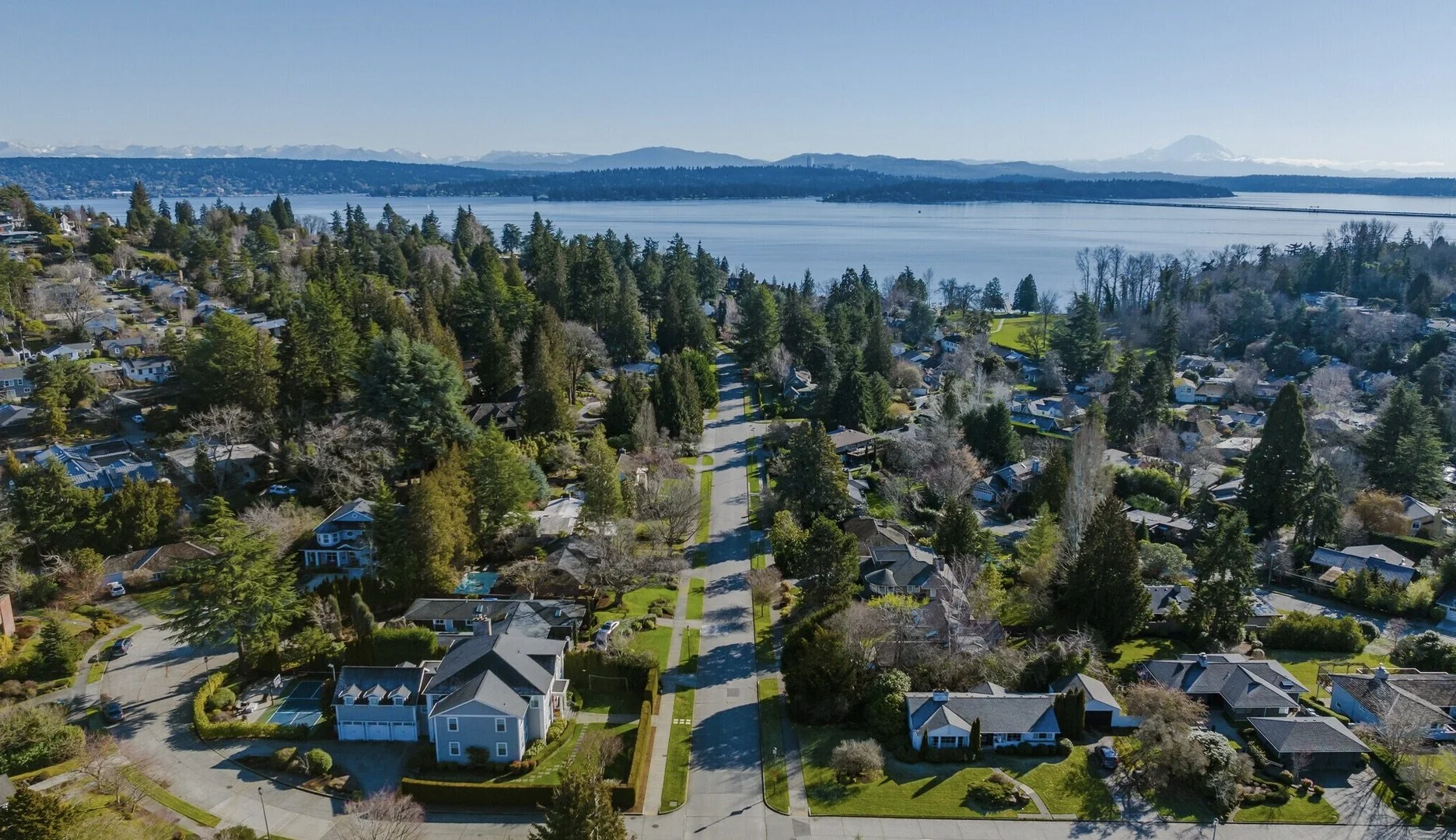Aerial view of a residential neighborhood along a waterfront with trees and houses, overlooking a large lake and distant mountains under clear blue skies.