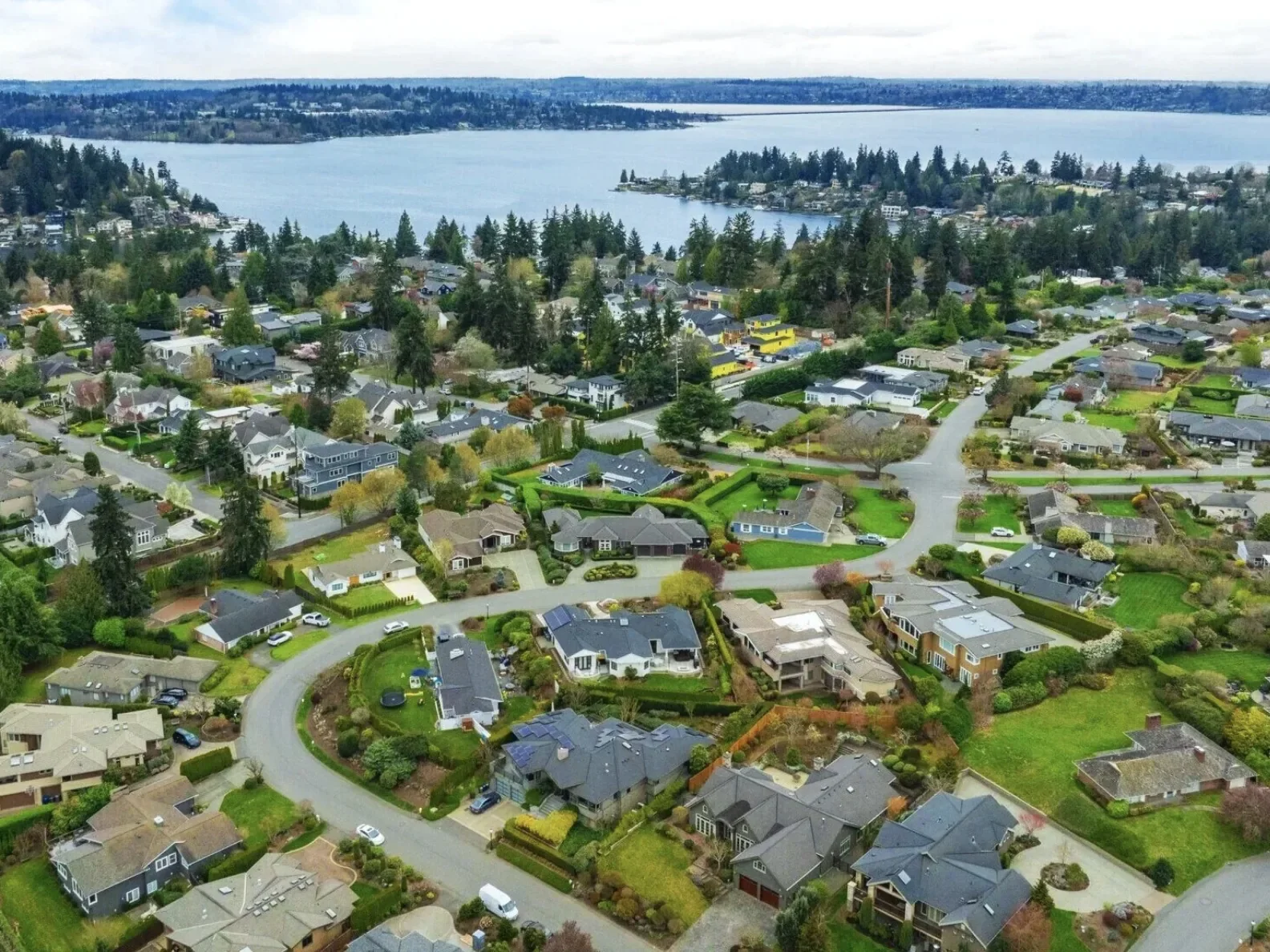 Aerial view of a suburban neighborhood near a large body of water with houses, trees, and streets.