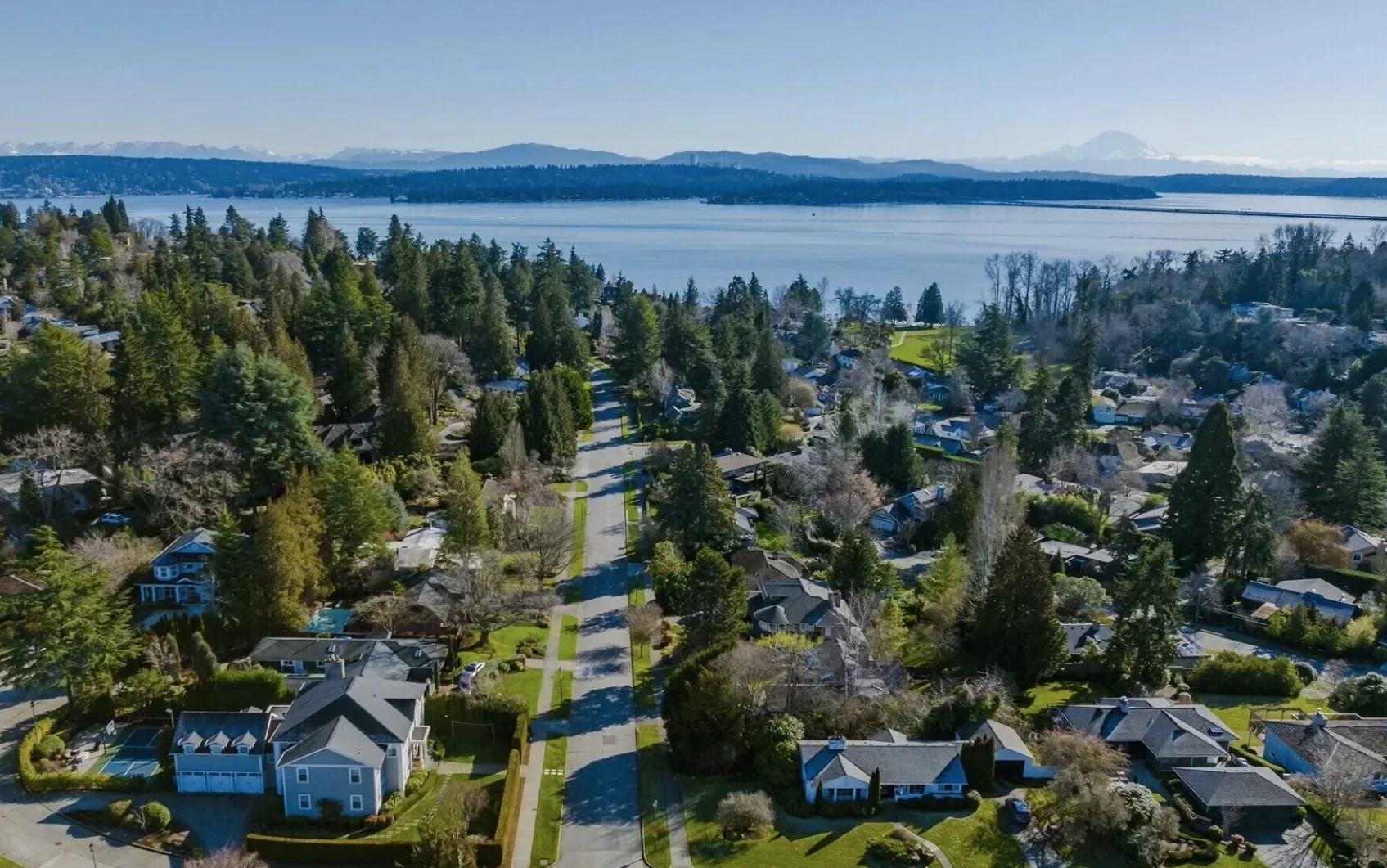 Aerial view of a residential neighborhood along a waterfront with trees and houses, overlooking a large lake and distant mountains under clear blue skies.