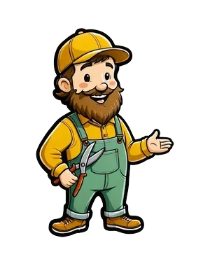 Cartoon gardener with beard and yellow cap holding a gardening trowel and pruners, holding a smiling hedgehog with garden tools.