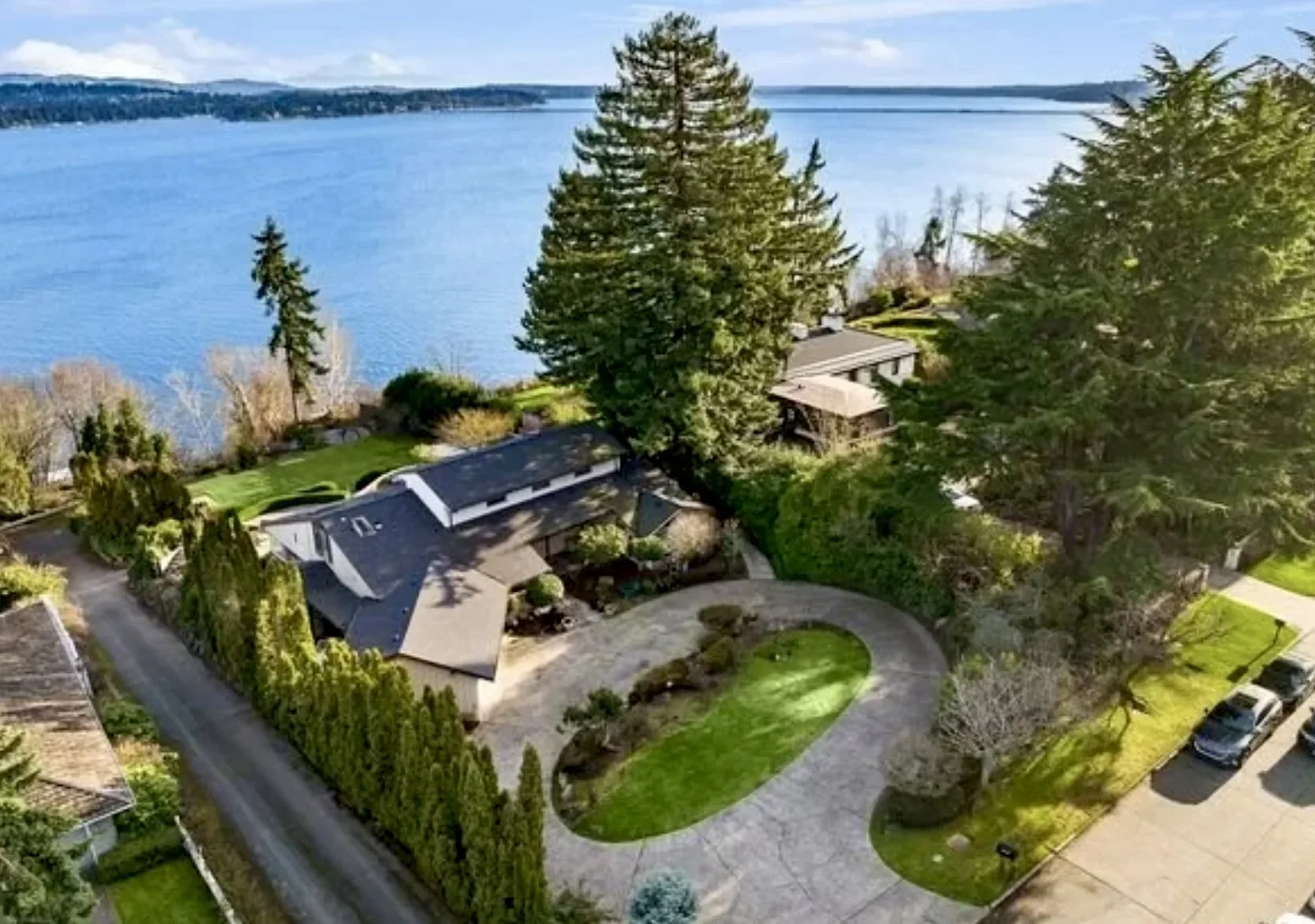 Aerial view of a residential lakeside property with a curved driveway, green lawn, tall trees, neighboring houses, and a large body of water in the background.