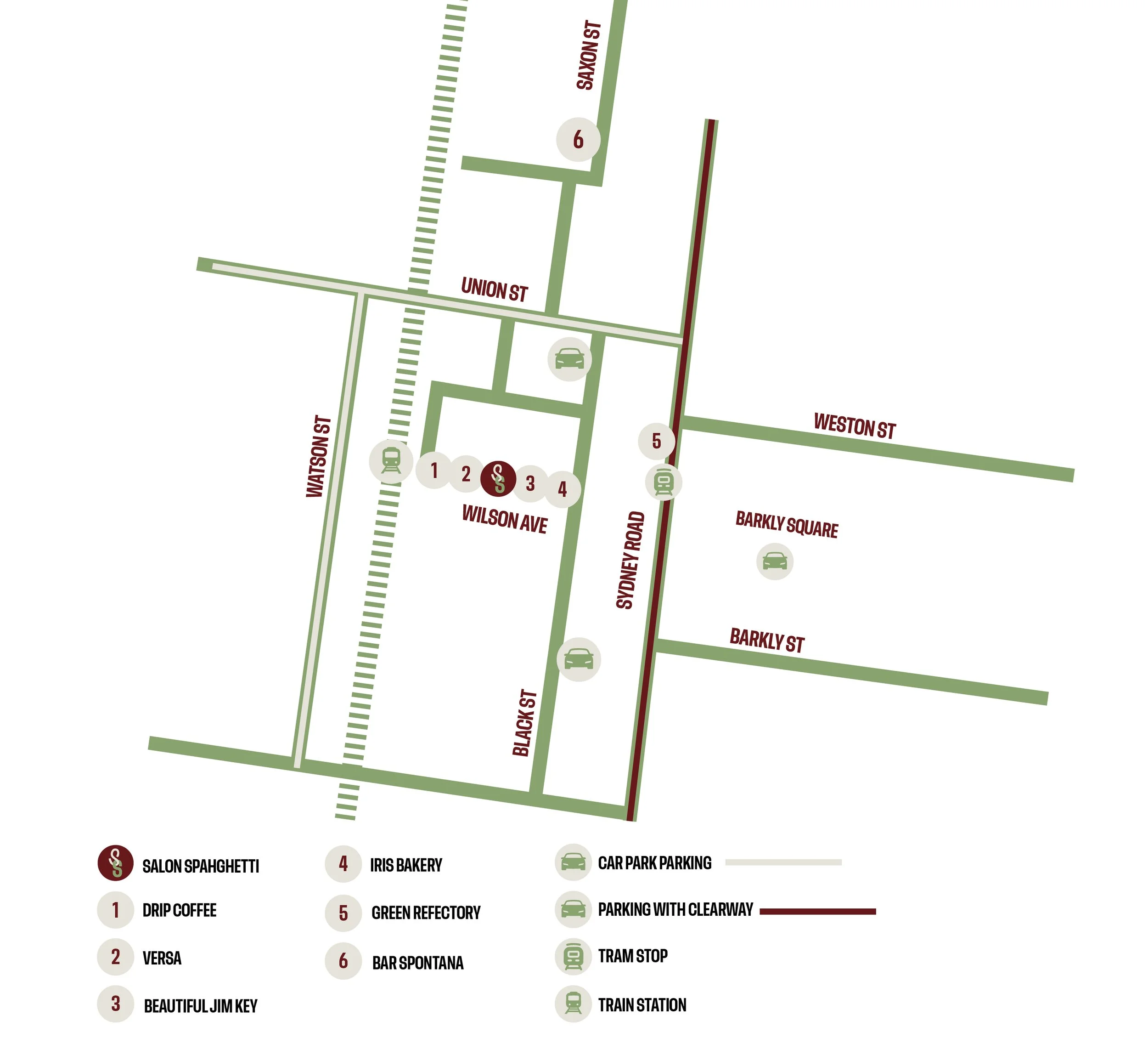 A map showing street names such as Watson Street, Union Street, and Wilson Avenue, with icons representing a car, a parking lot, a train station, and various business locations like Salon Spaghetti, Iris Bakery, and Green Refectory.