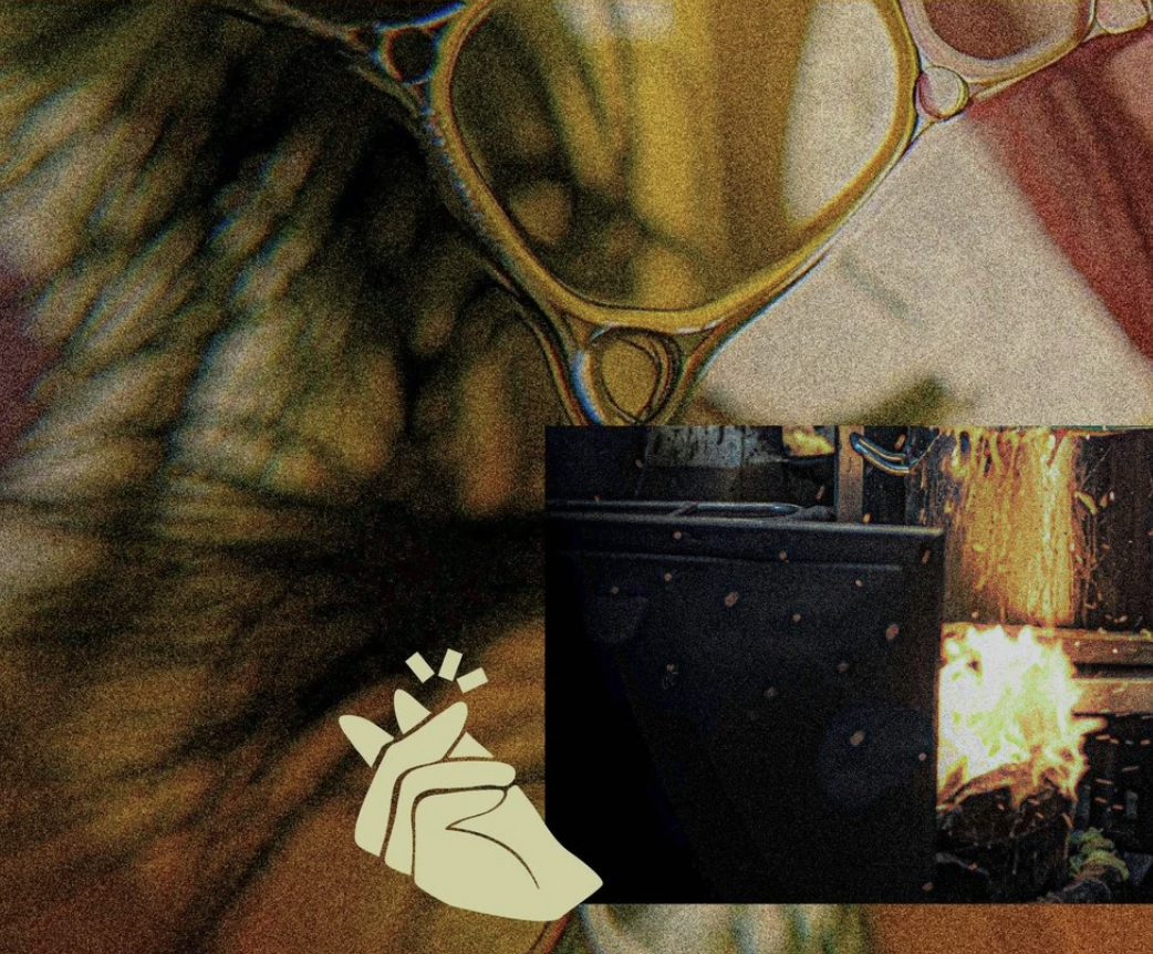 A collage of images includes a person wearing reflective sunglasses, a small black electronic device with buttons, and a scene with fire or flames, along with a graphic of a hand making a finger heart gesture.